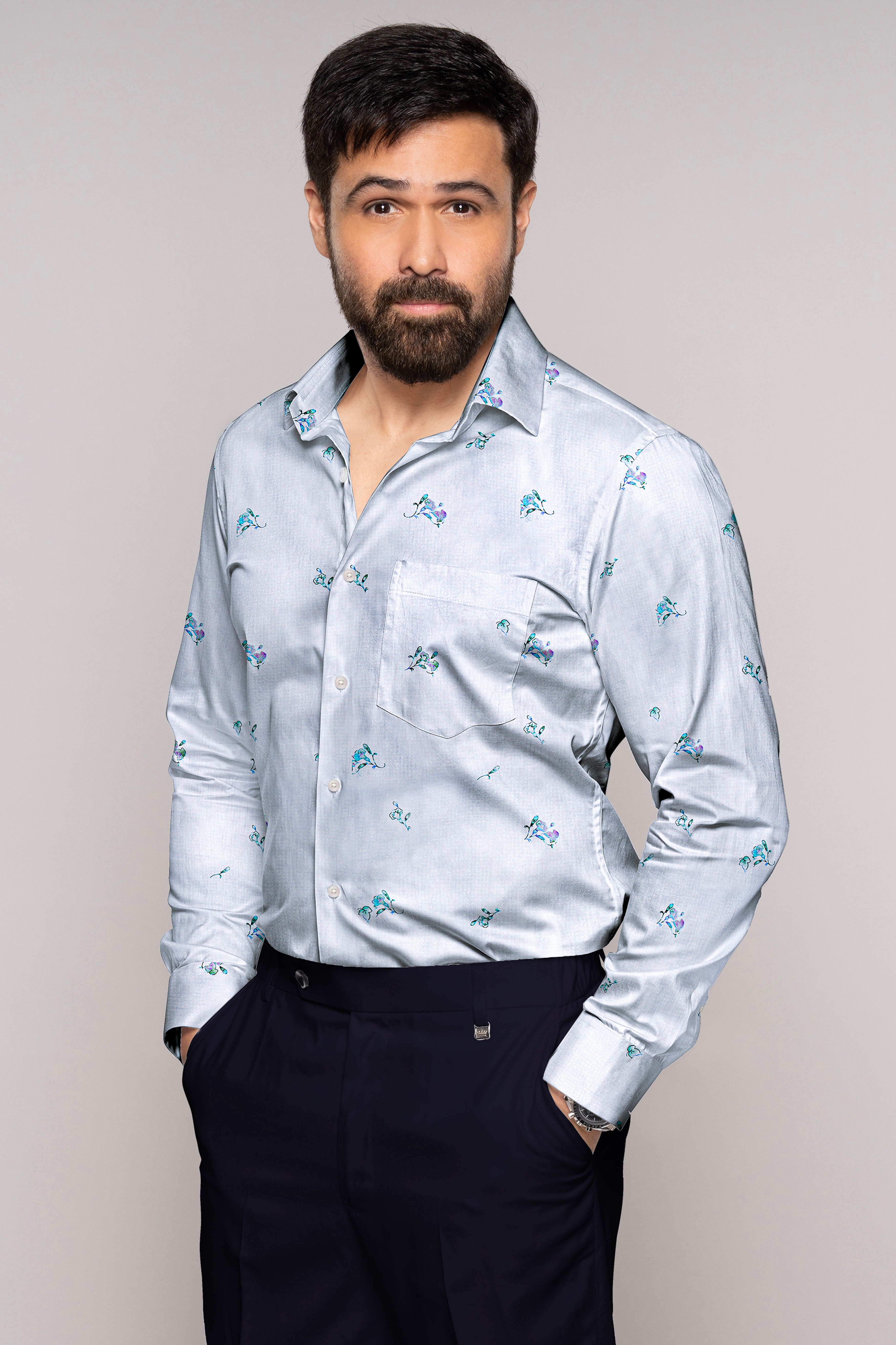 Gainsboro Gray with Wistflul Blue Floral Printed Super Soft Premium Cotton Shirt