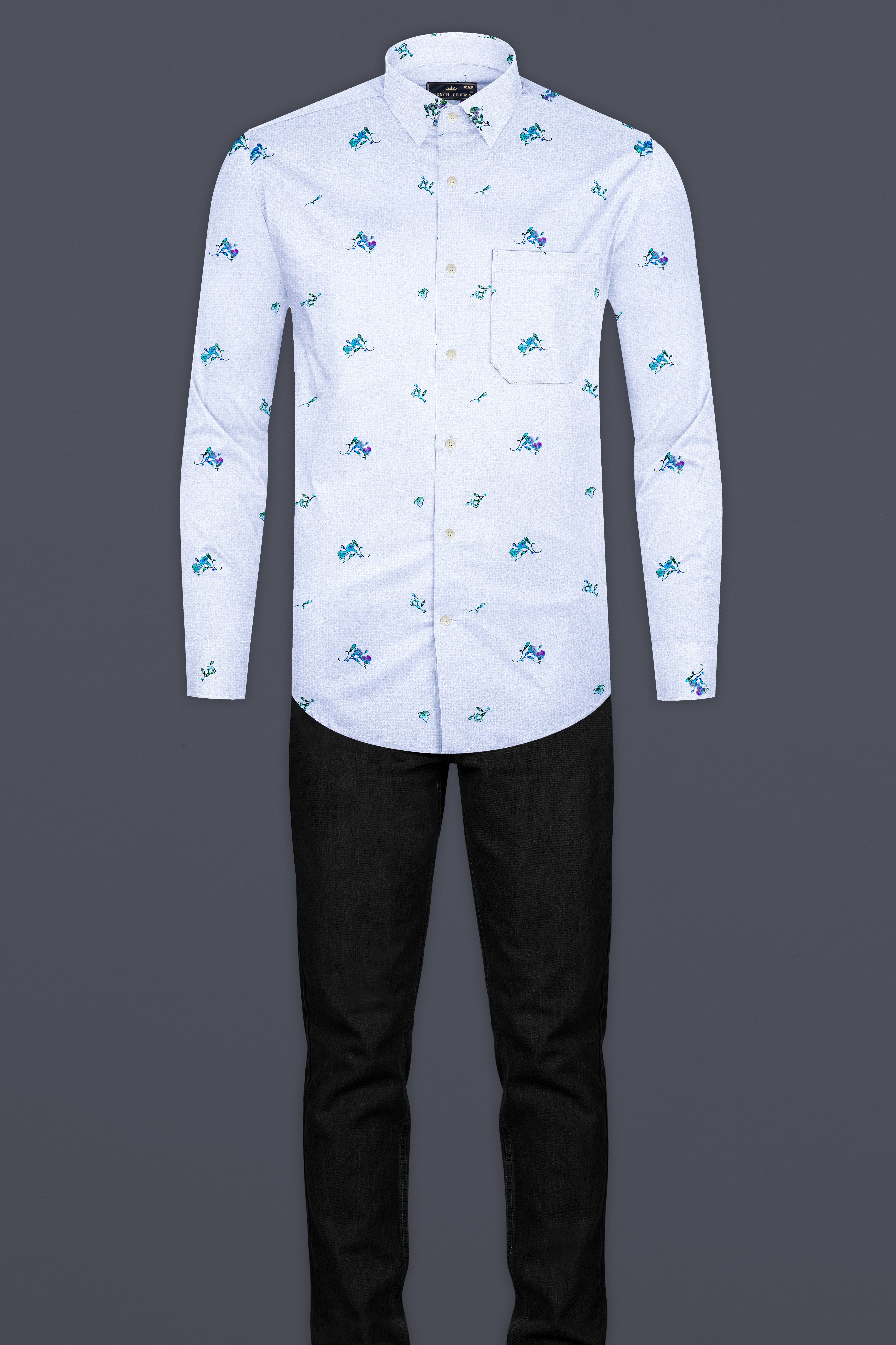 Gainsboro Gray with Wistflul Blue Floral Printed Super Soft Premium Cotton Shirt