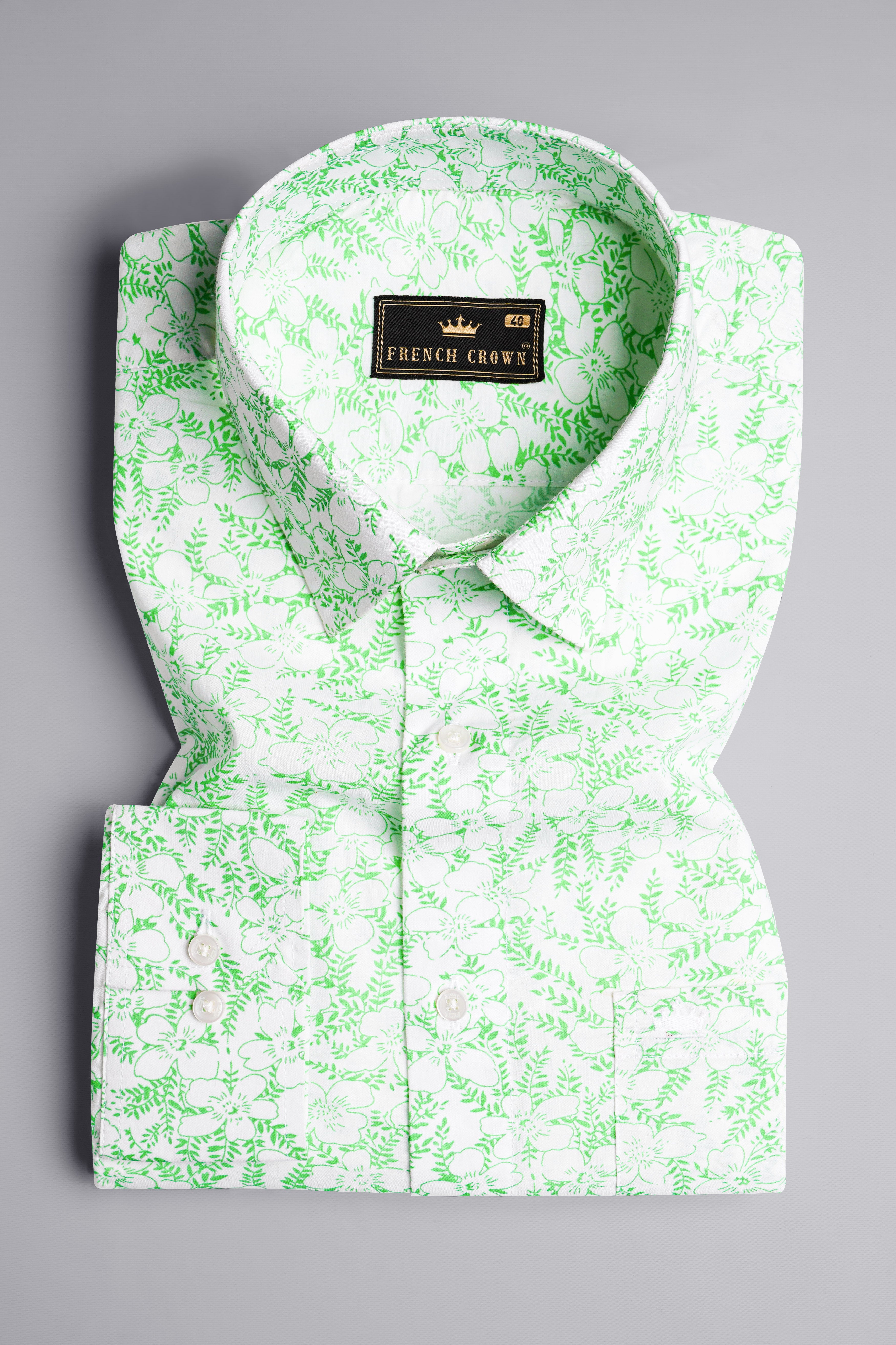 Bright White with Aquamarine Green Leaves Printed Premium Cotton Shirt