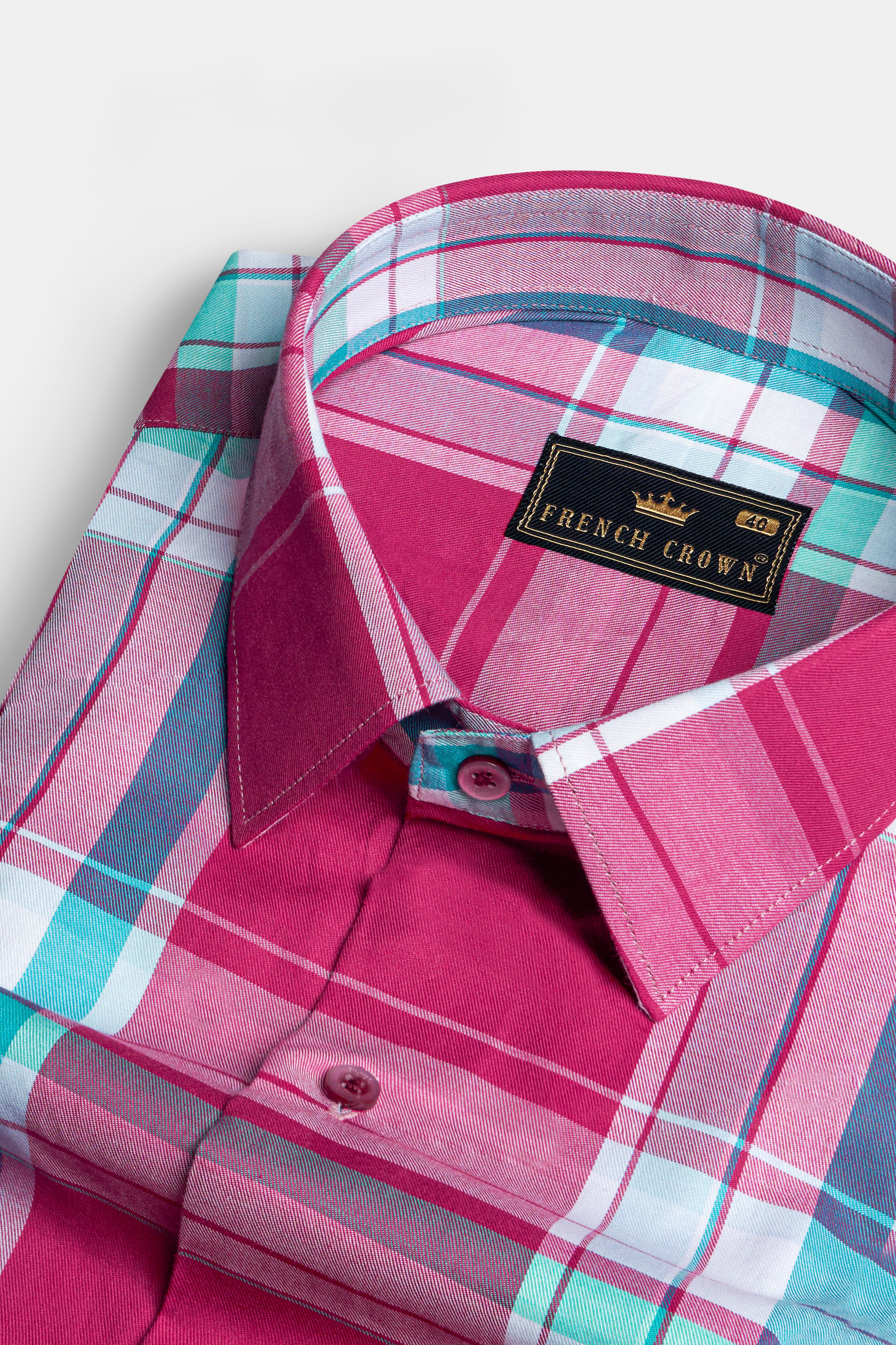 Hibiscus Pink with White and Aquamarine Green Twill Checkered Premium Cotton Shirt