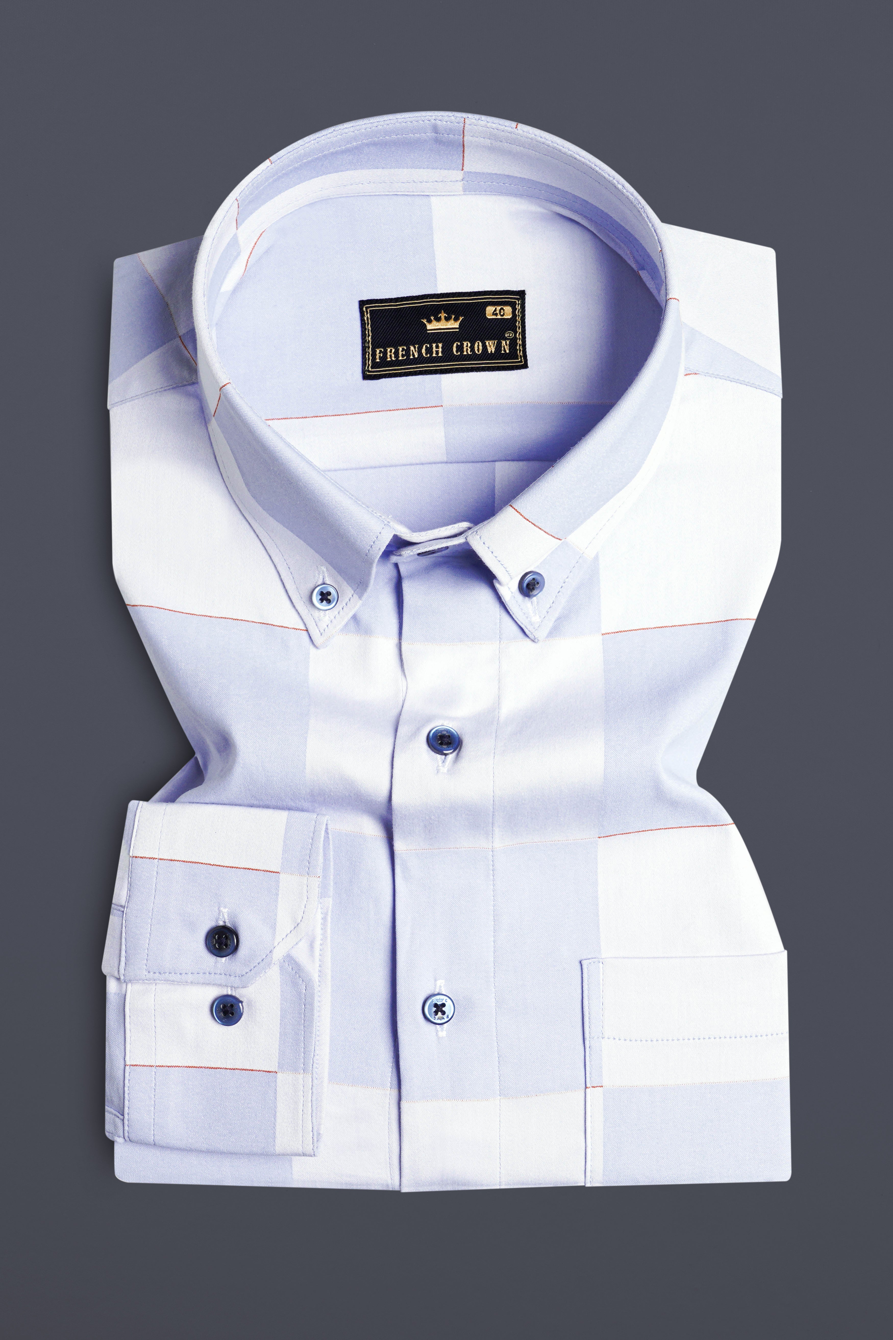 Bright White and Tealish Blue Checked Jacquard Textured Premium Giza Cotton Shirt