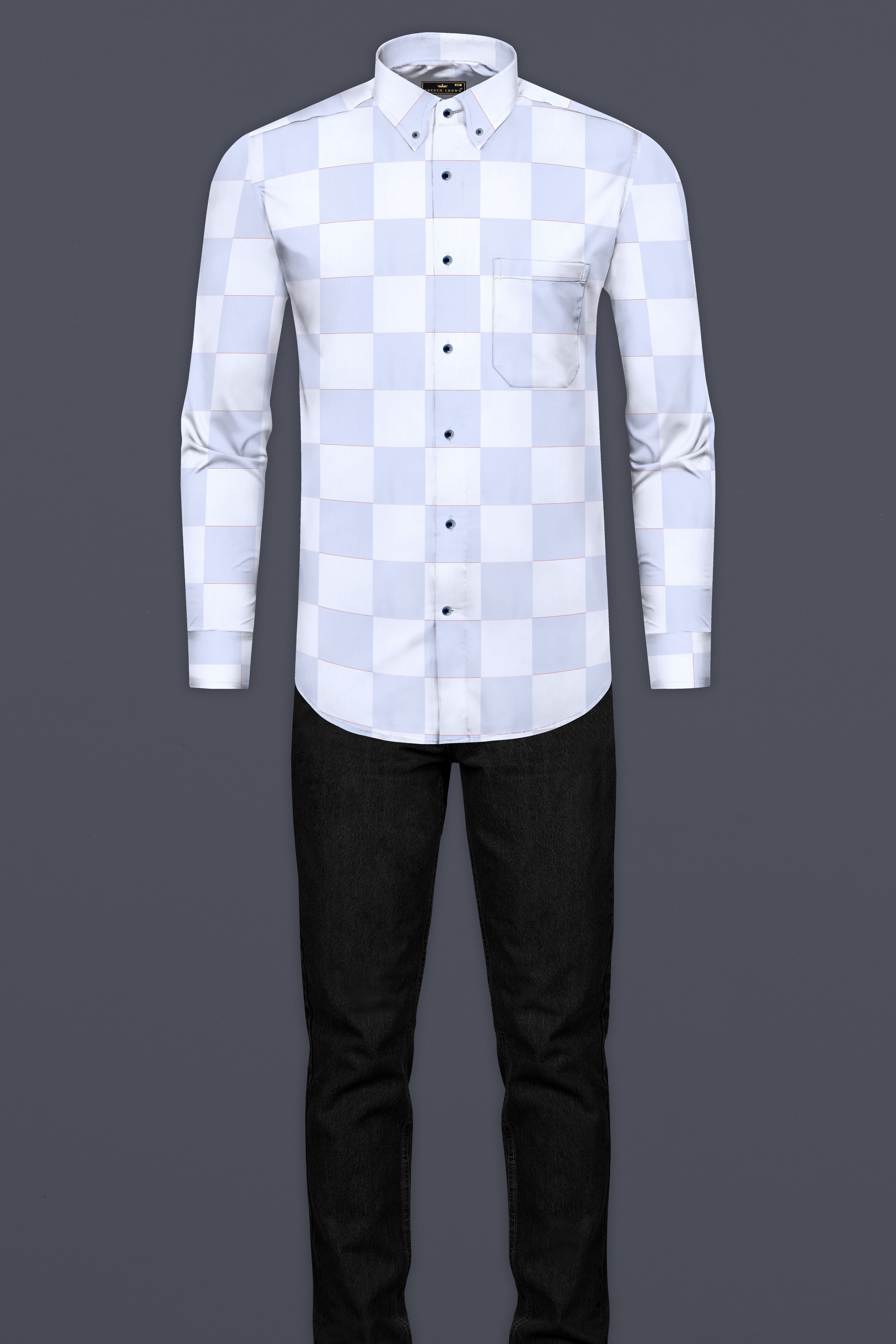 Bright White and Tealish Blue Checked Jacquard Textured Premium Giza Cotton Shirt