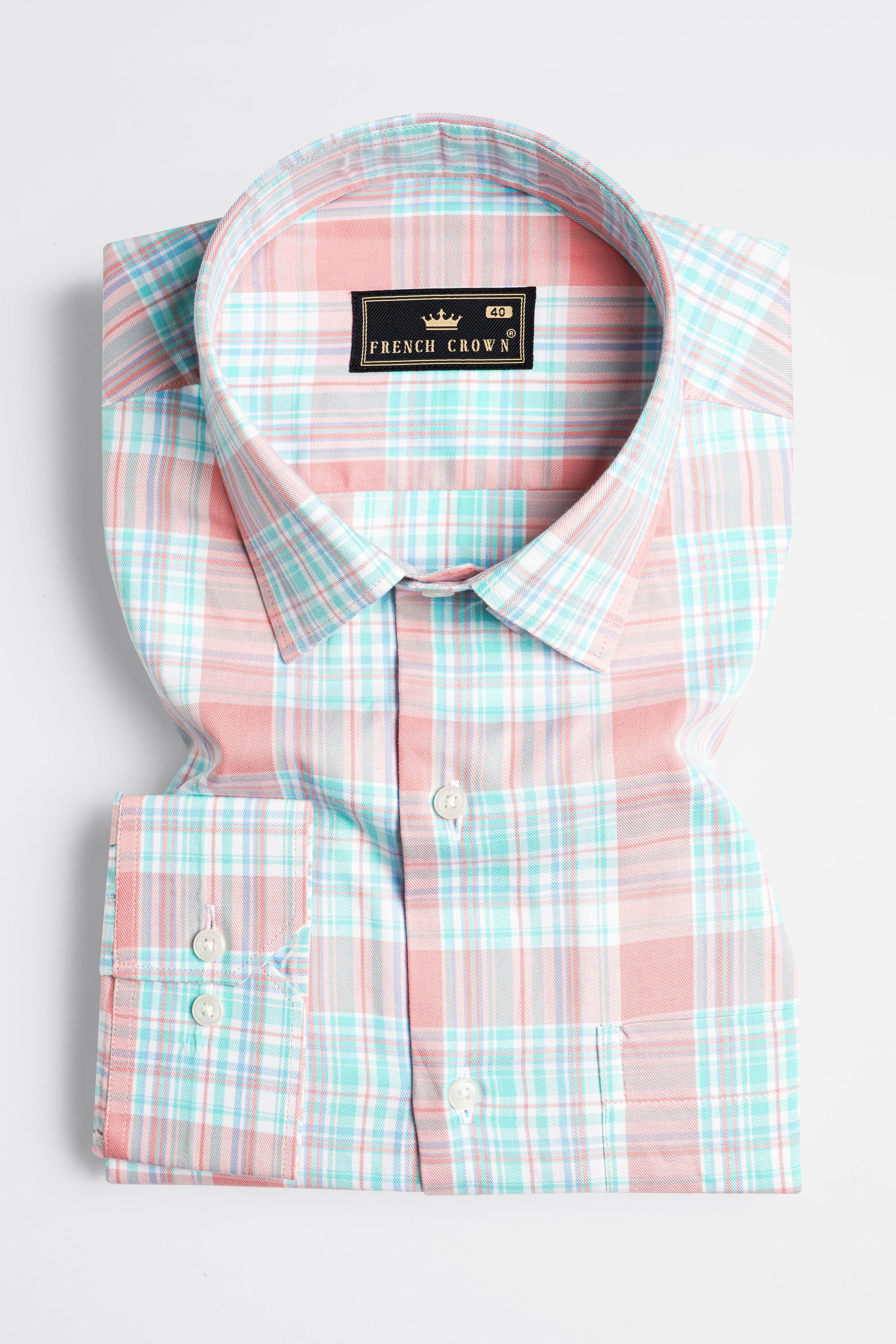 Beauty Pink and Moonstone Blue Twill Checkered Premium Cotton Shirt