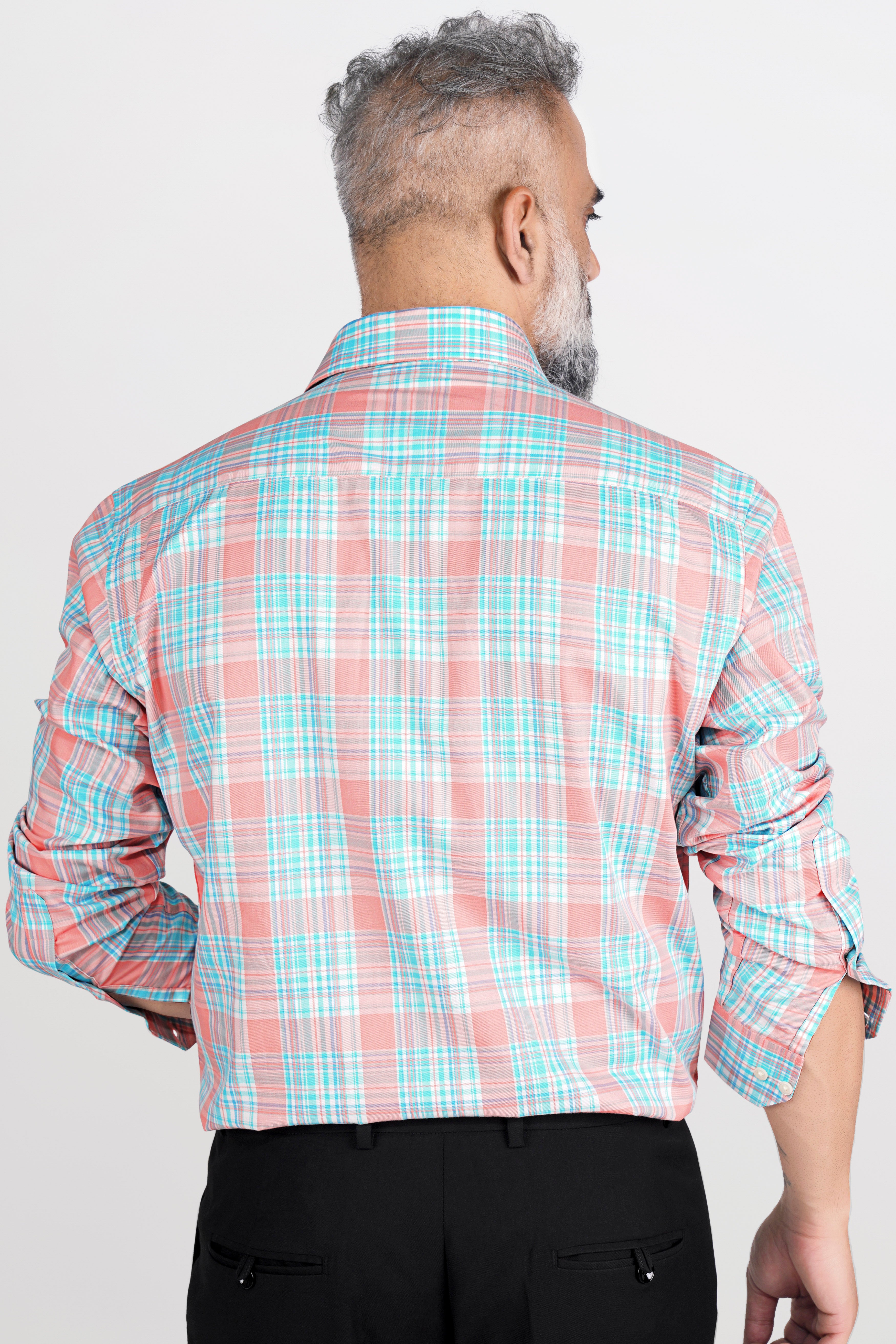 Beauty Pink and Moonstone Blue Twill Checkered Premium Cotton Shirt