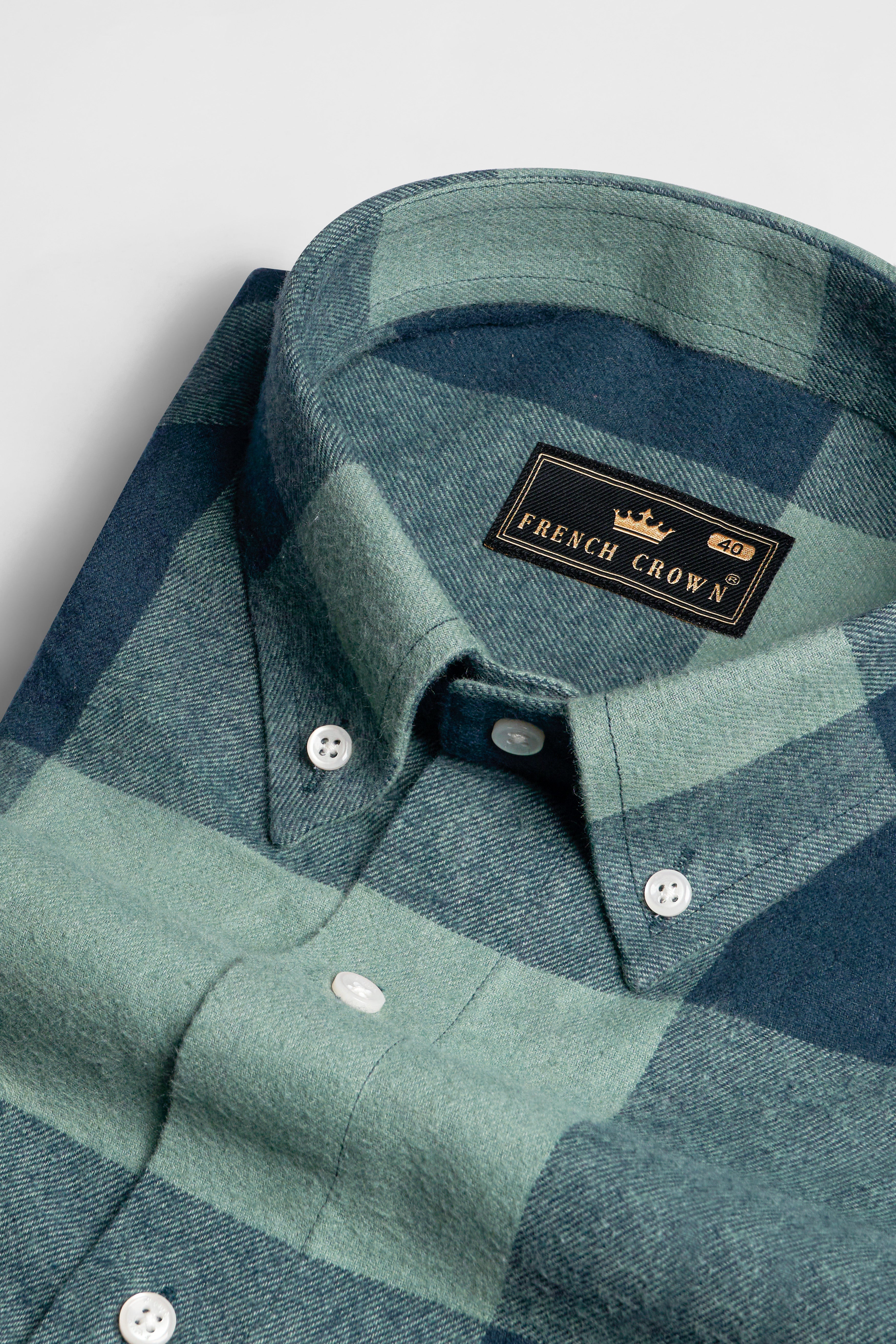 Greenish with Tuna Blue Checked Flannel Button-Down Shirt