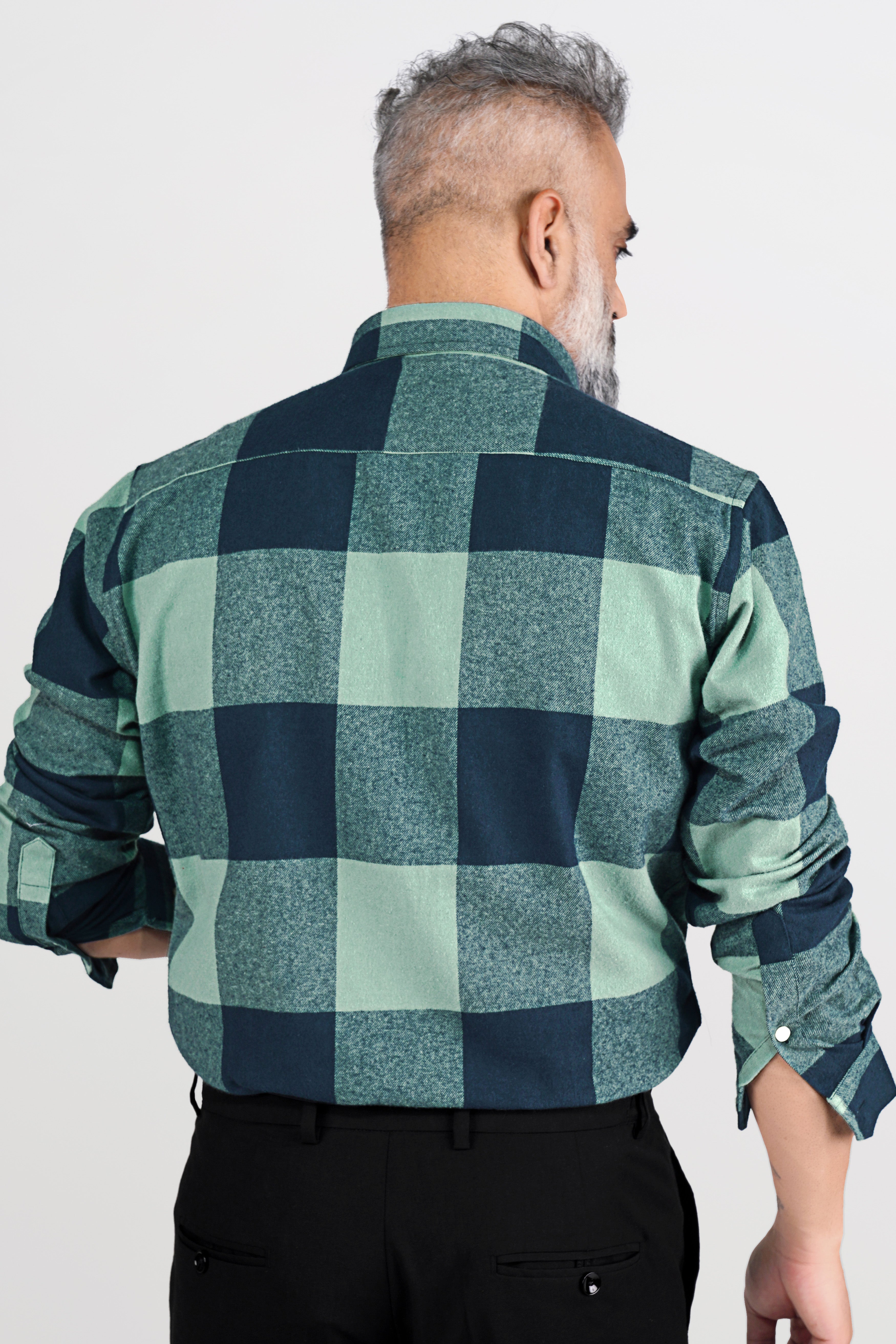 Greenish with Tuna Blue Checked Flannel Button-Down Shirt