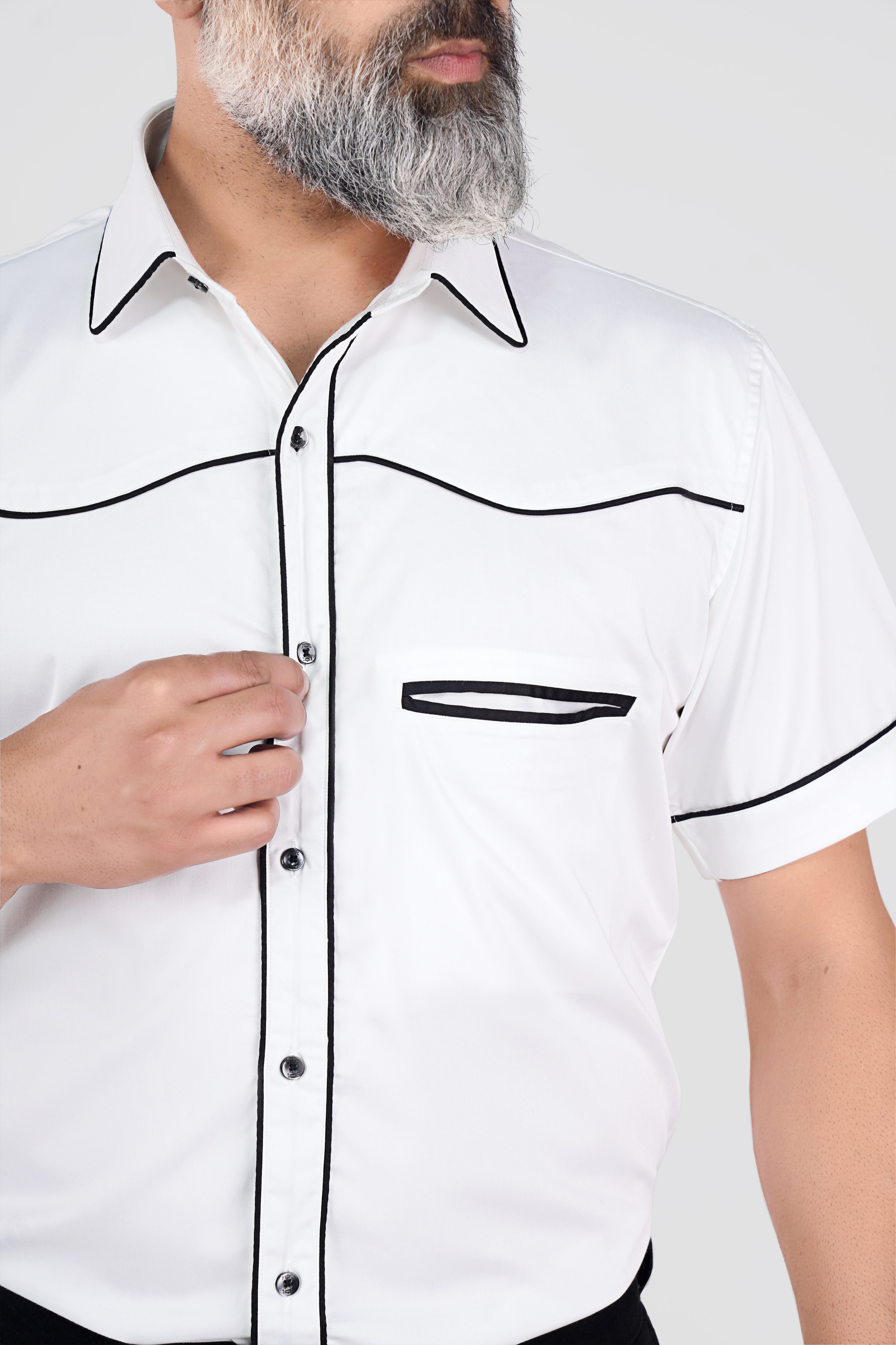 Bright White with Black Piping work Super Soft Premium Cotton Designer Shirt