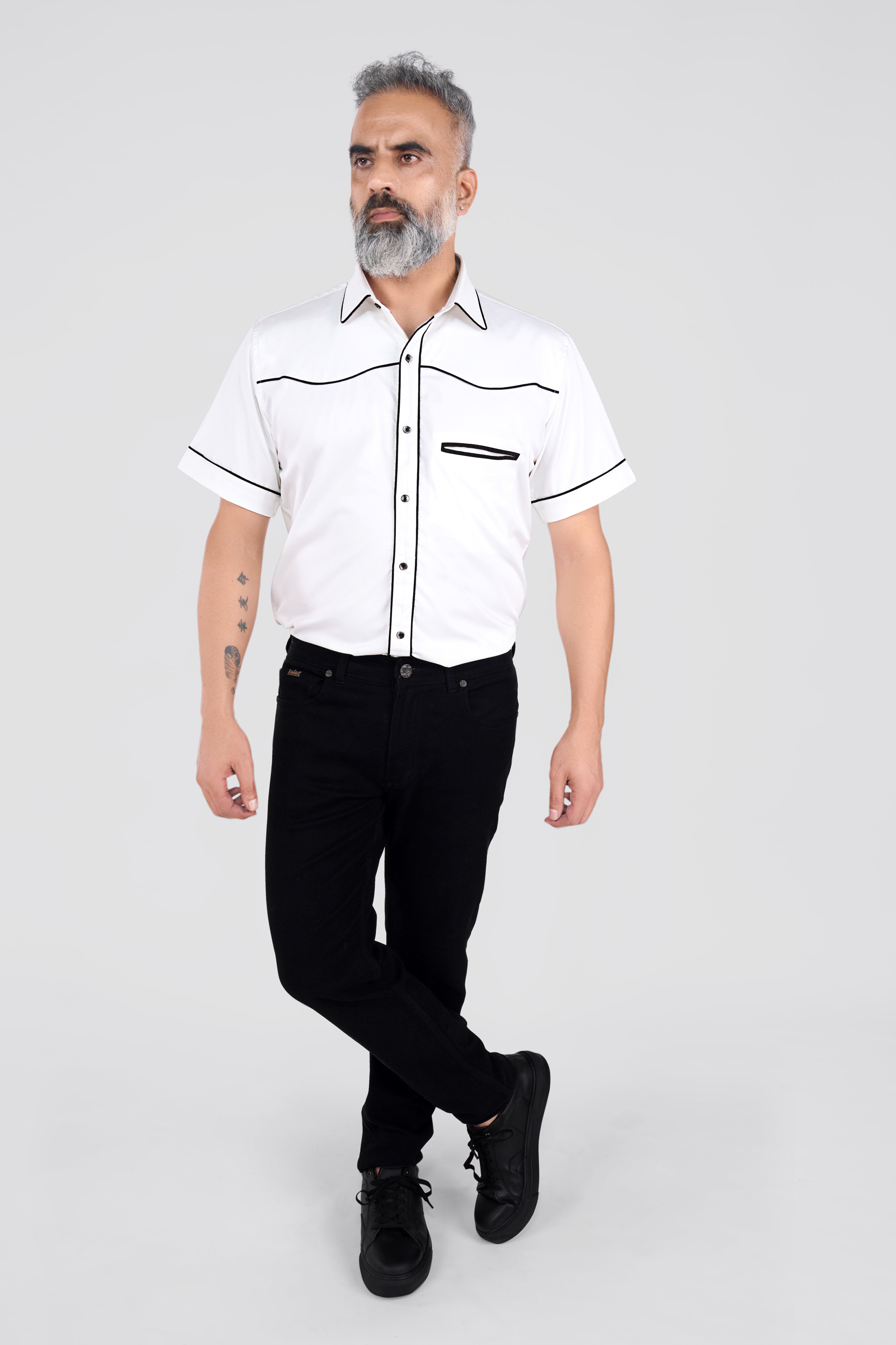 Bright White with Black Piping work Super Soft Premium Cotton Designer Shirt