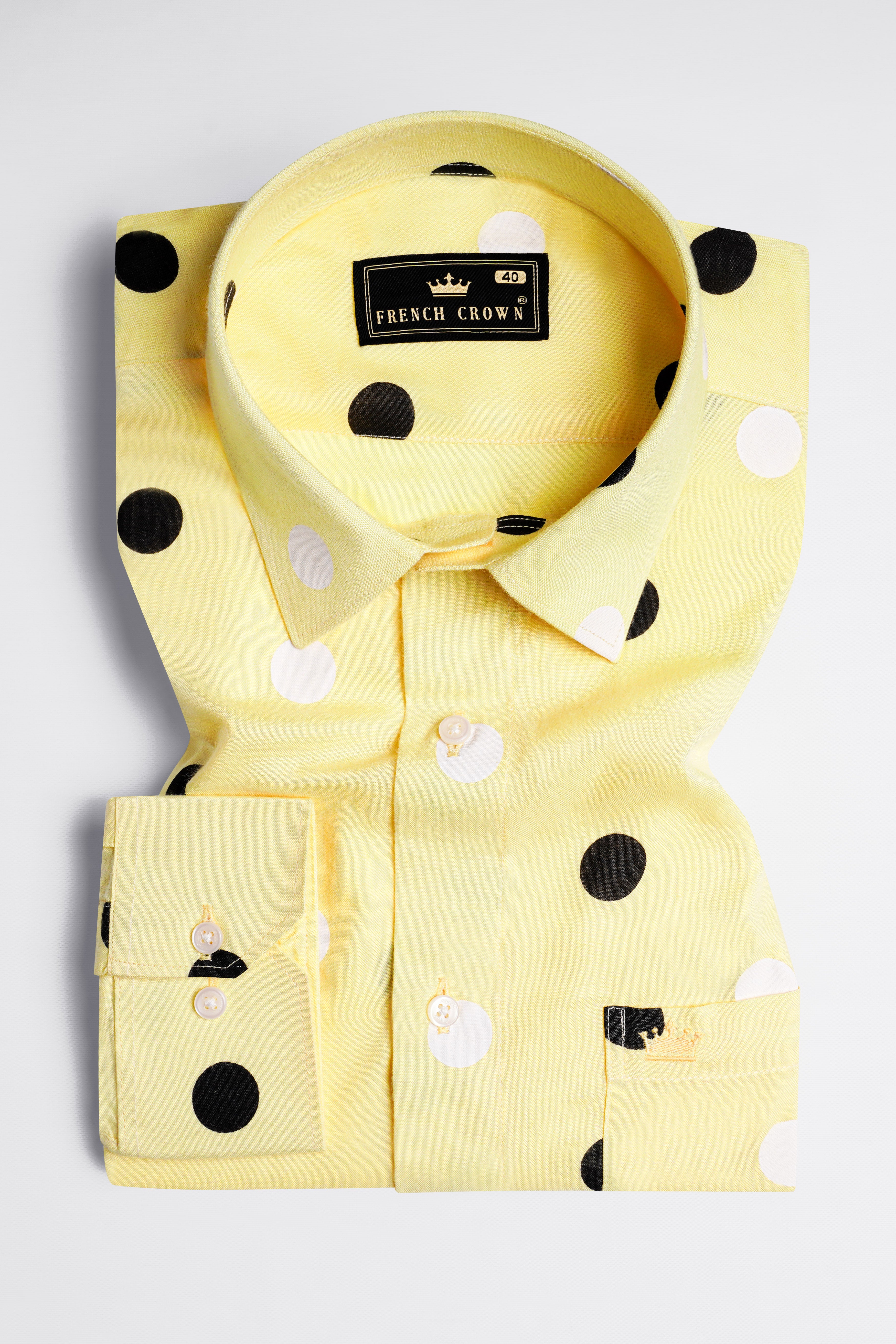 Parchment Yellow with Black and White Polka Dotted Premium Cotton Shirt