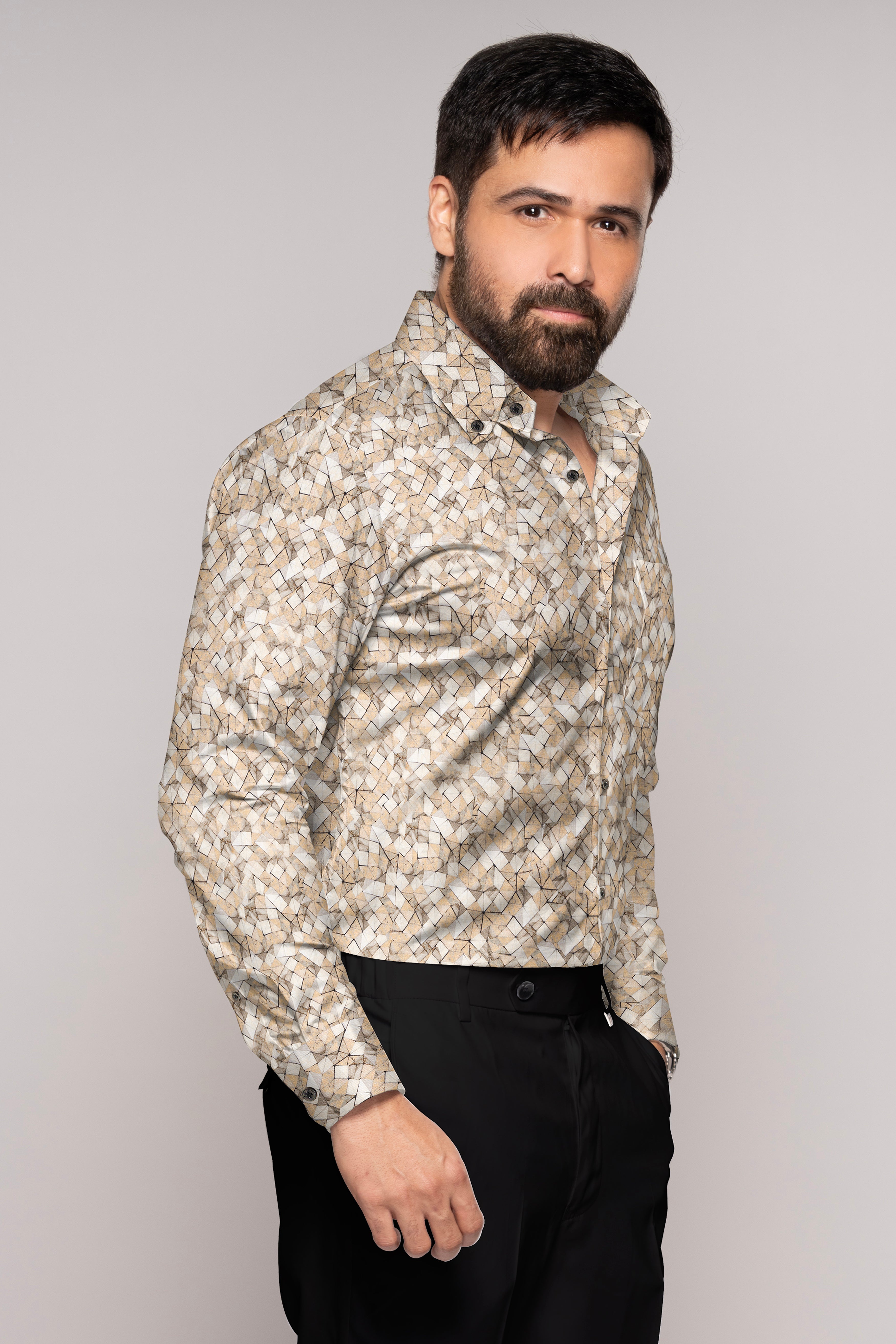 Almond and Sand Dune Brown Printed Luxurious Linen Shirt