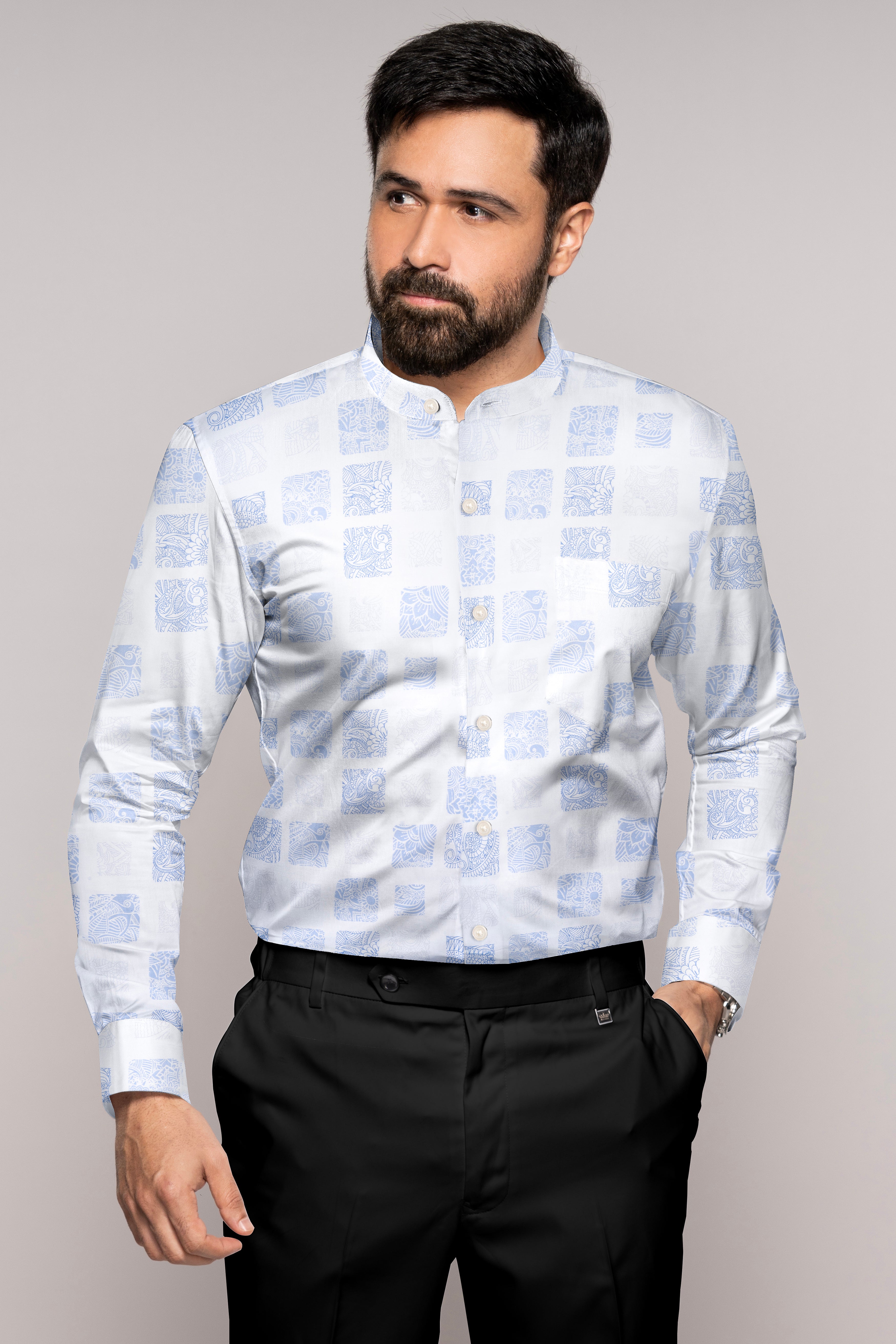 Bright White and Metallic Blue Printed Super Soft Premium Cotton Shirt