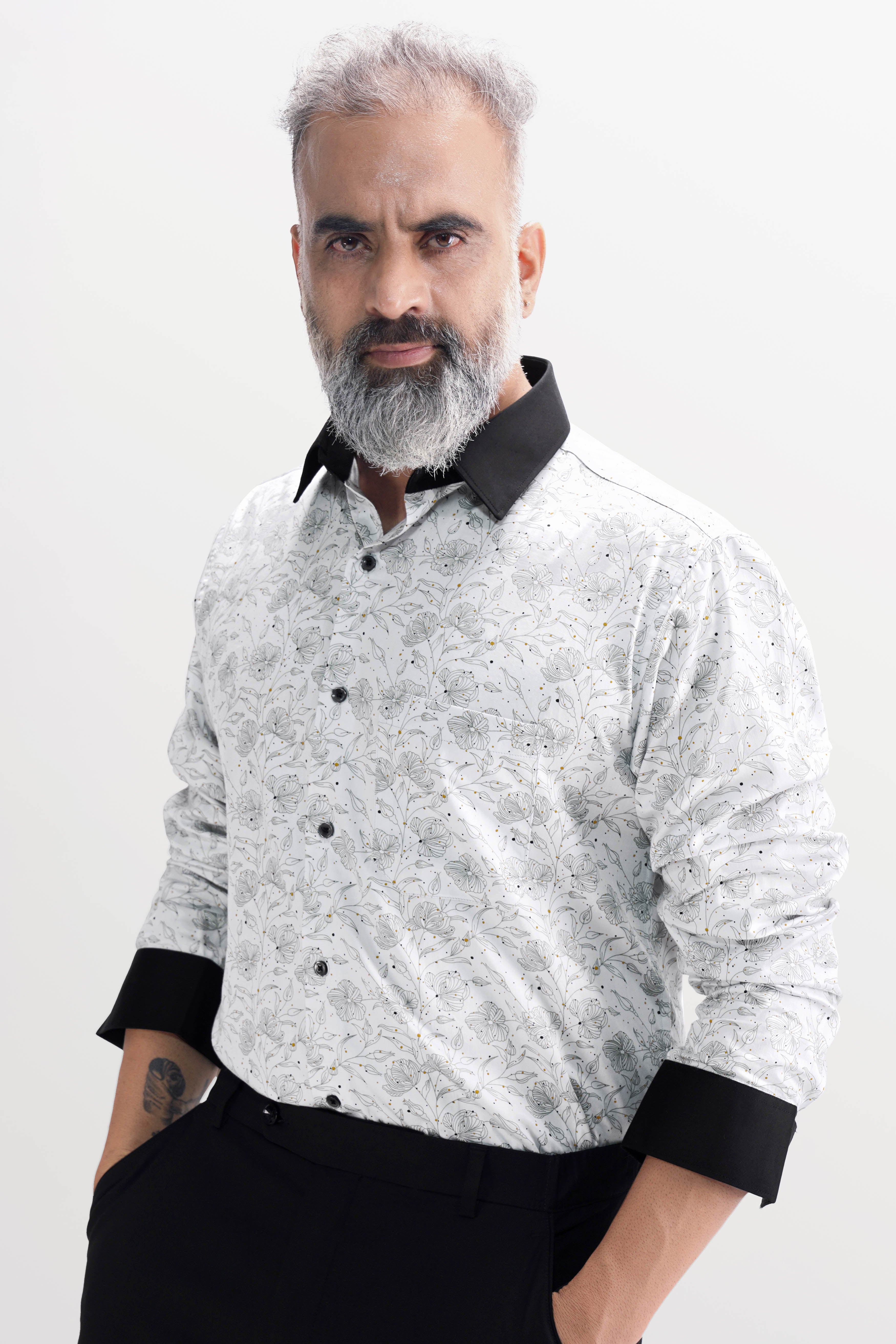 Bright White Floral Printed with Black Cuffs and Collar Super Soft Premium Cotton Shirt