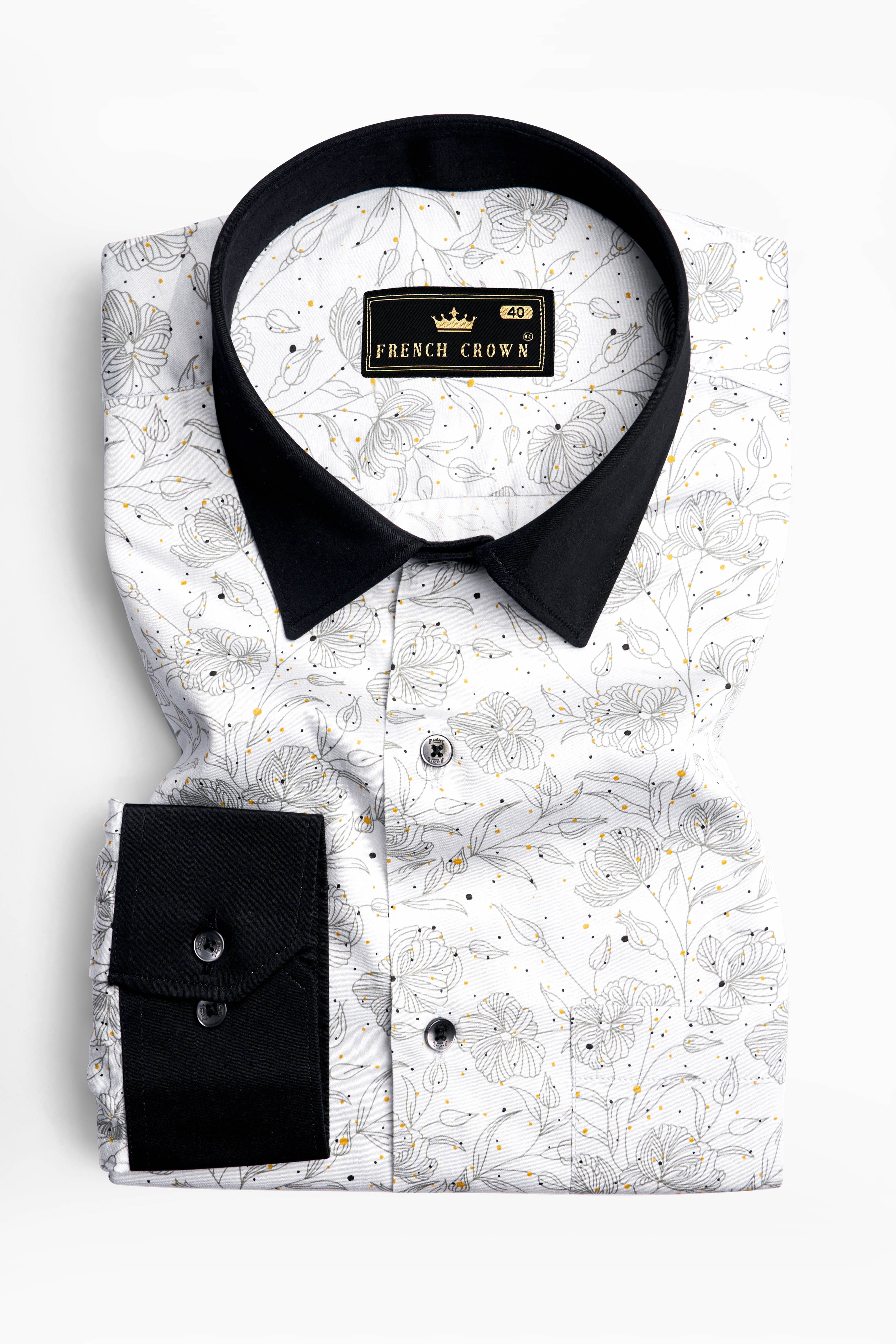 Bright White Floral Printed with Black Cuffs and Collar Super Soft Premium Cotton Shirt