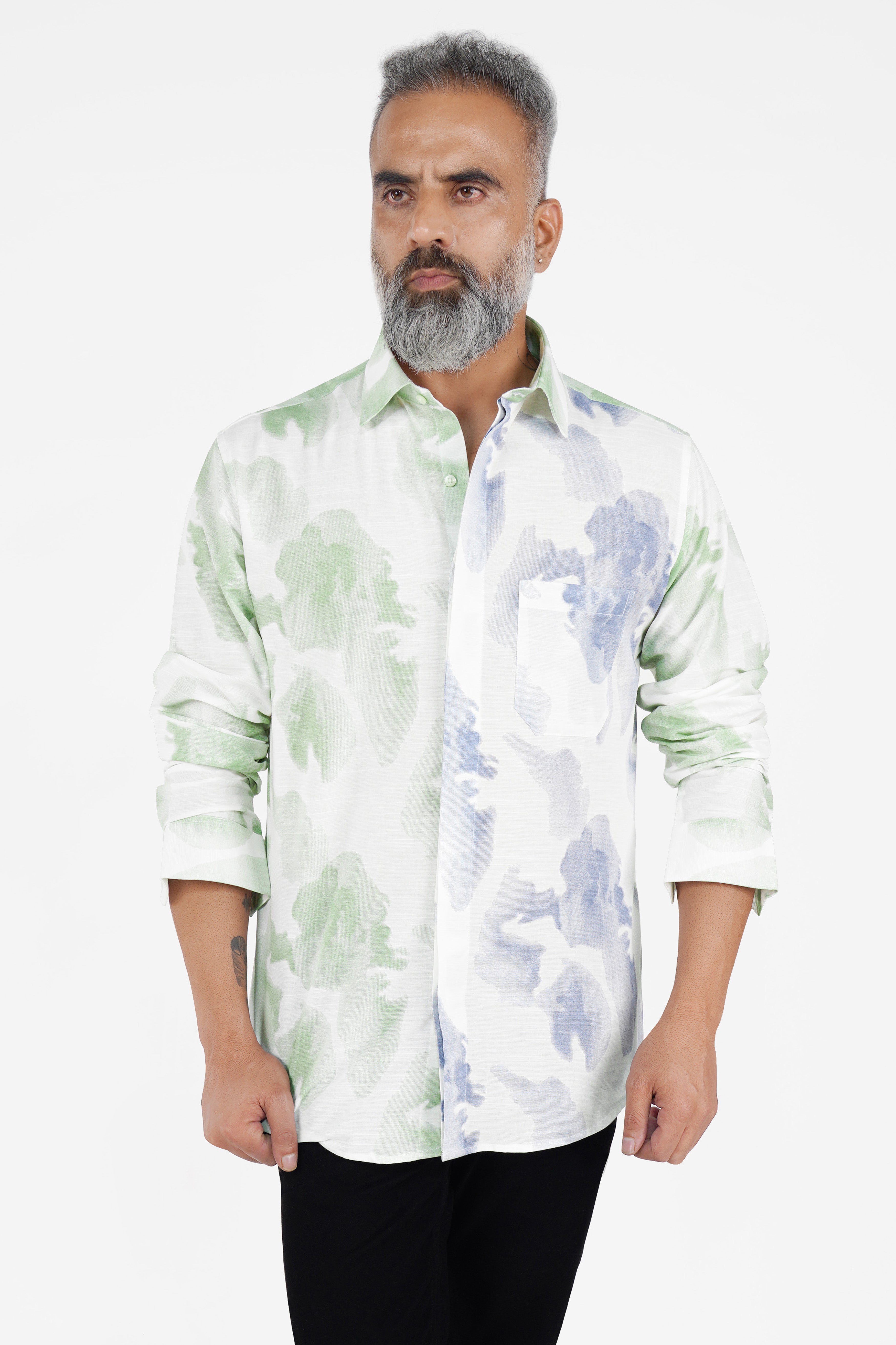 Celadon Green with White and Casper Blue Tie Dye Printed Luxurious Linen Shirt