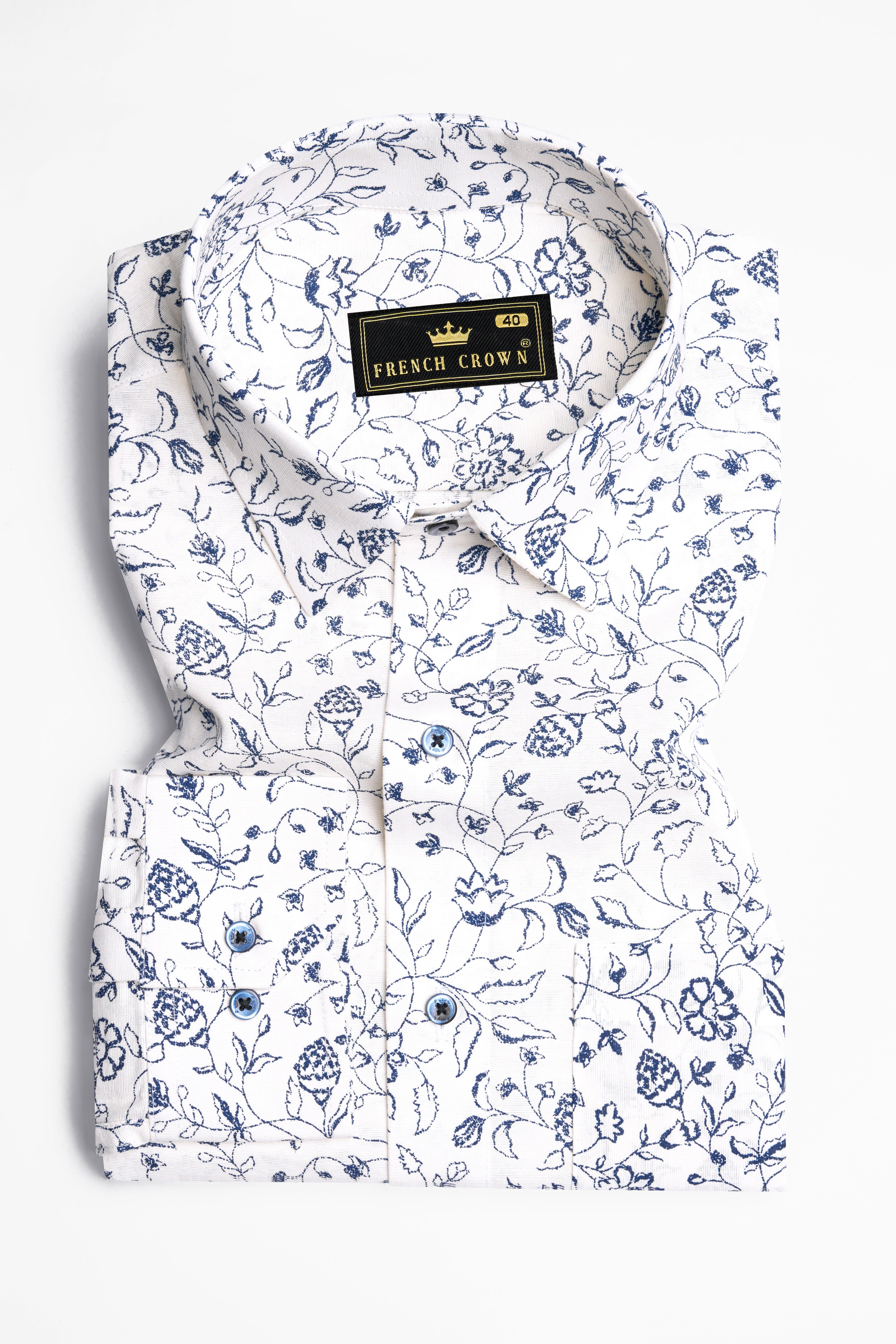 Bright White with Yale Blue Ditsy Printed Luxurious Linen Shirt