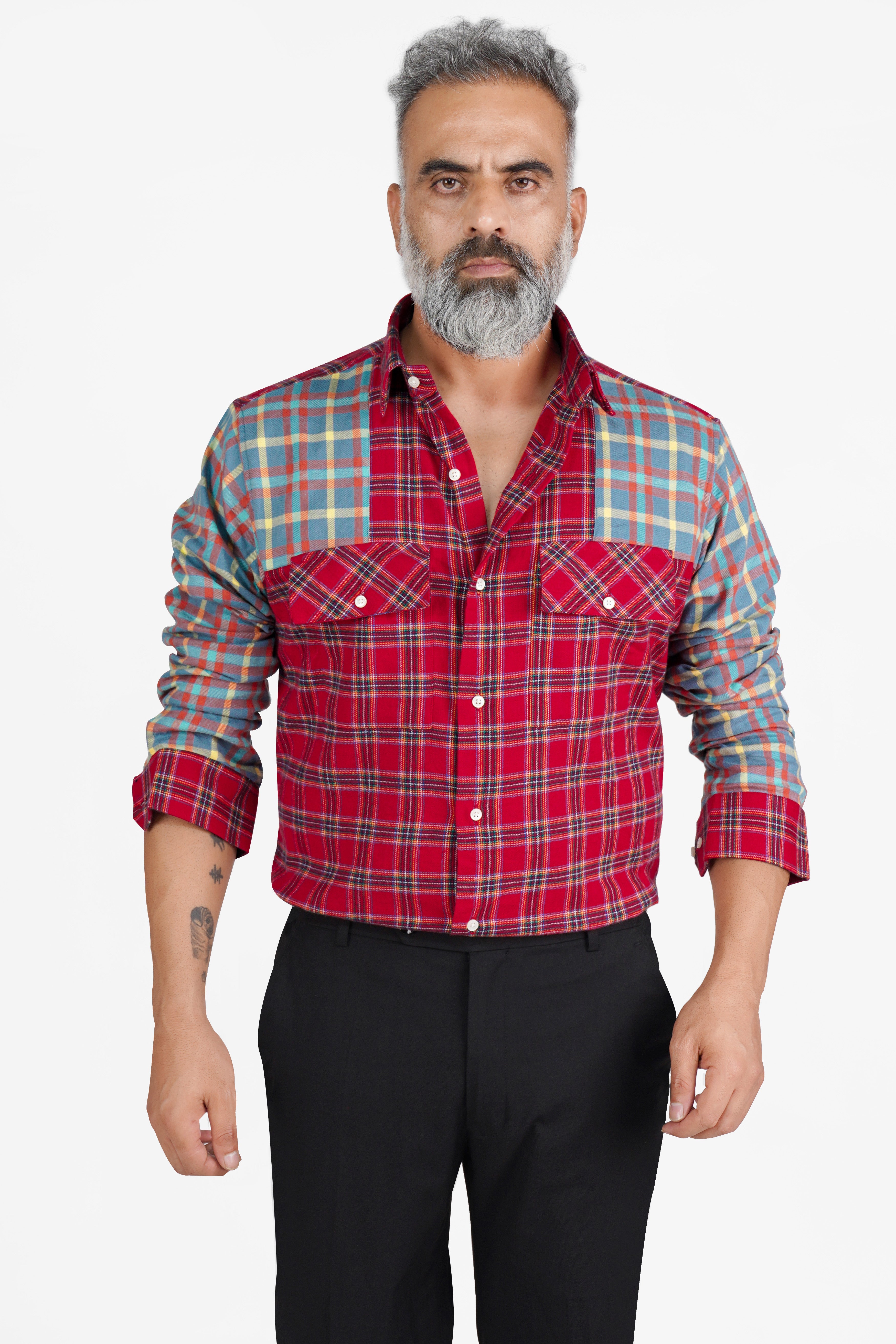 Shiraz Red with Celestial Blue Twill Plaid Premium Cotton Designer Shirt