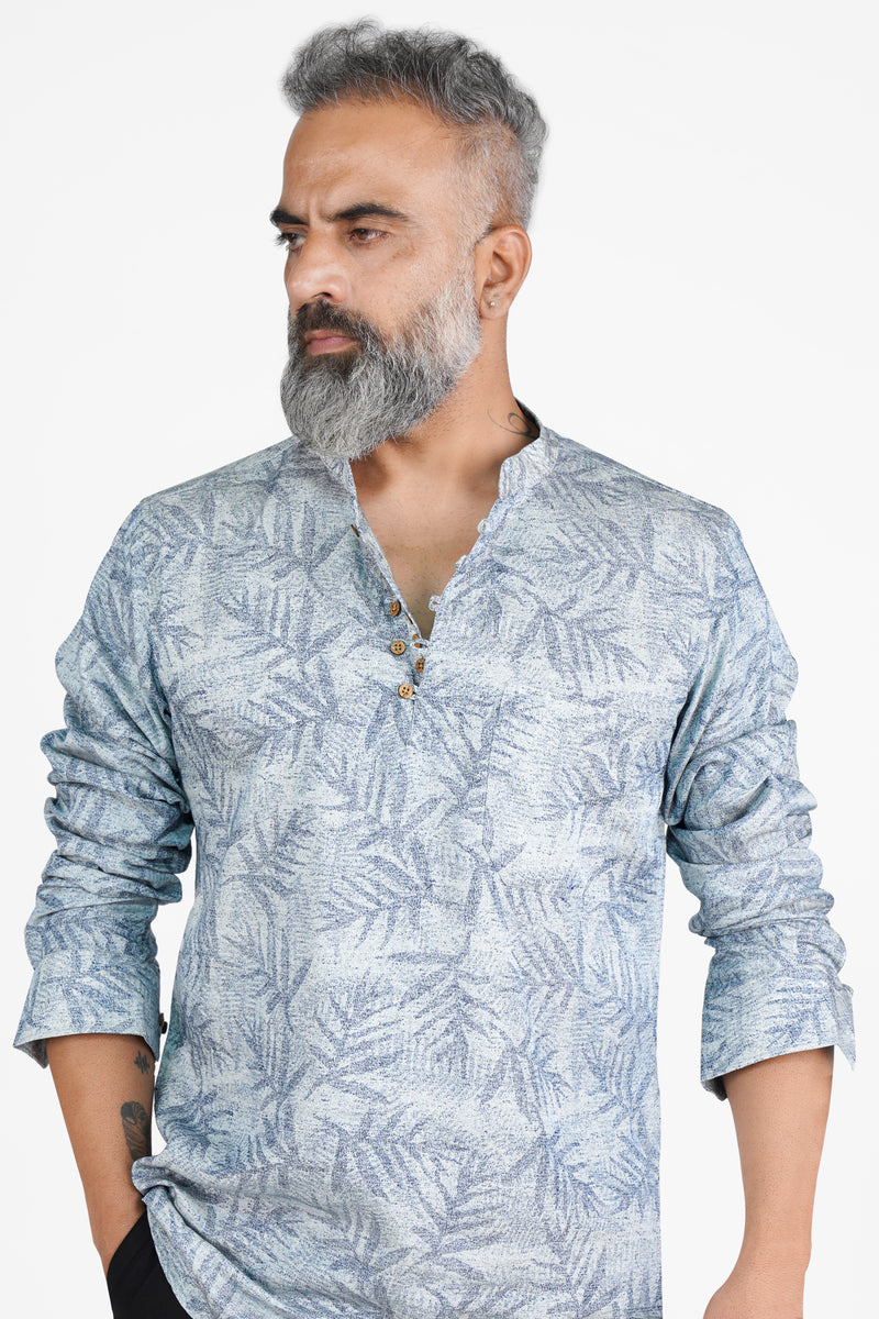 BRIGHT WHITE AND NILE BLUE LEAVES PRINTED PREMIUM COTTON KURTA SHIRT