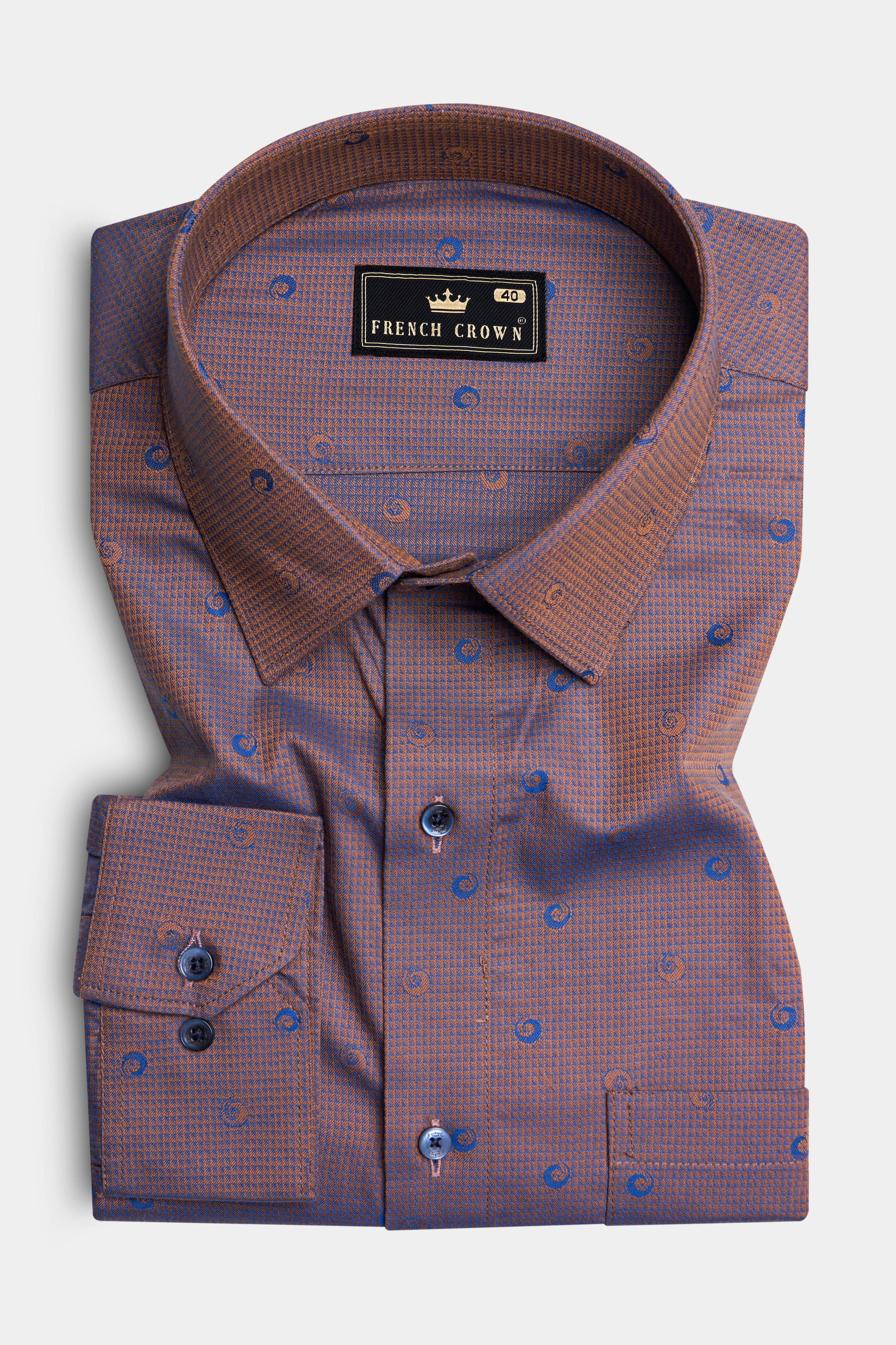 Spicy Mix Brown and Chambray Blue Jacquard Textured Premium Giza Cotton Shirt