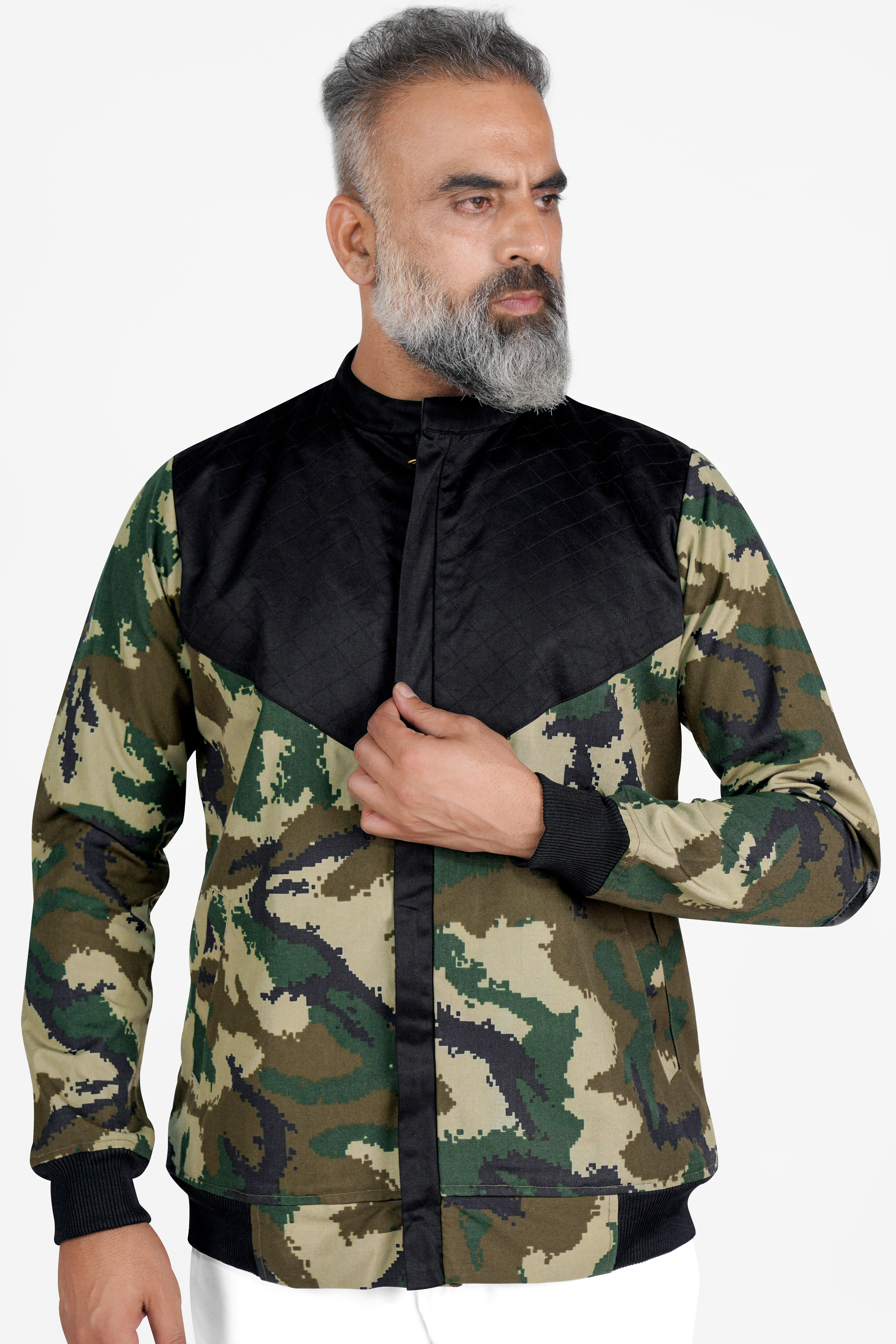 Jade Black with Wheat Brown and Feldgrau Green Camouflage Royal Oxford Designer Bomber Jacket