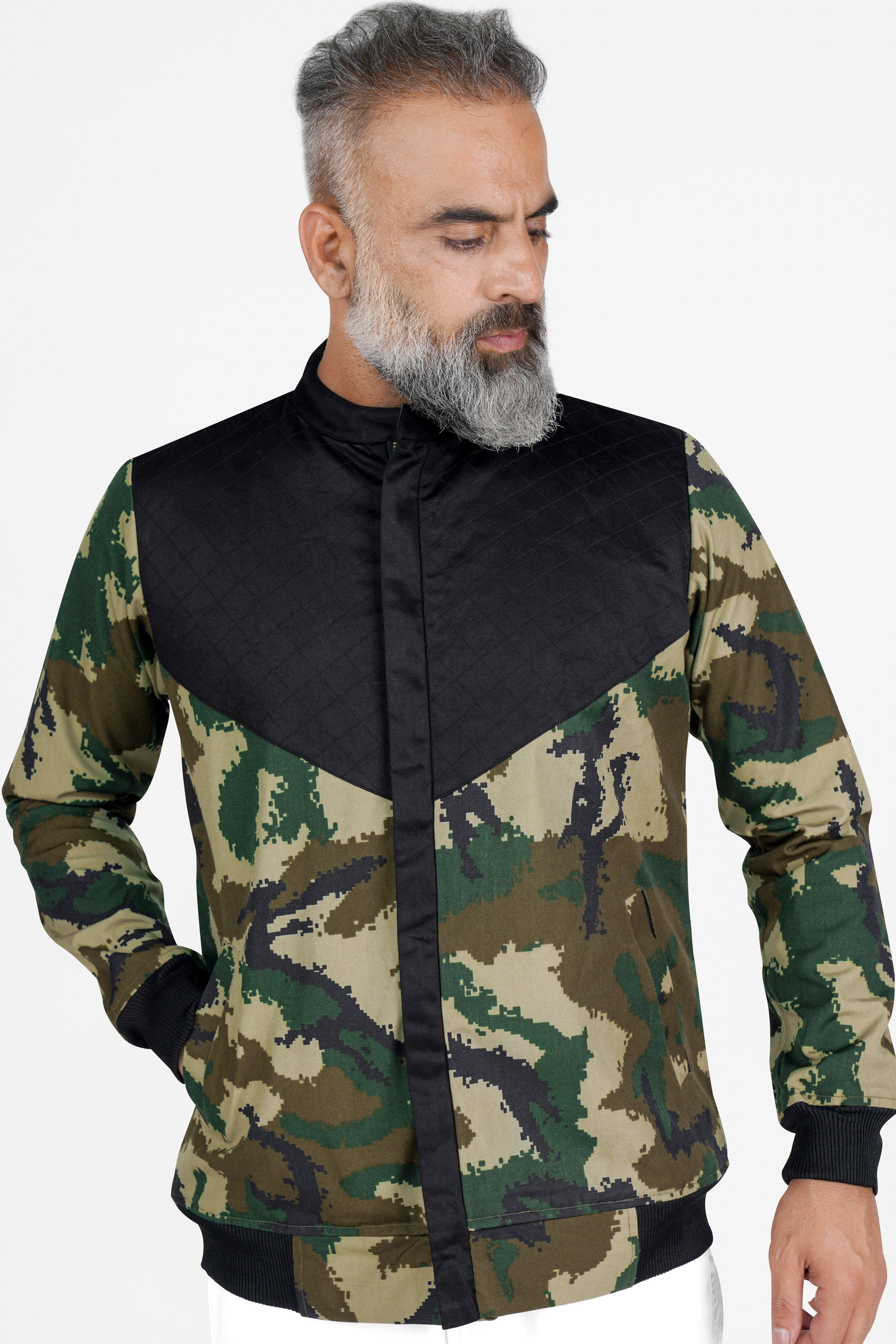 Jade Black with Wheat Brown and Feldgrau Green Camouflage Royal Oxford Designer Bomber Jacket