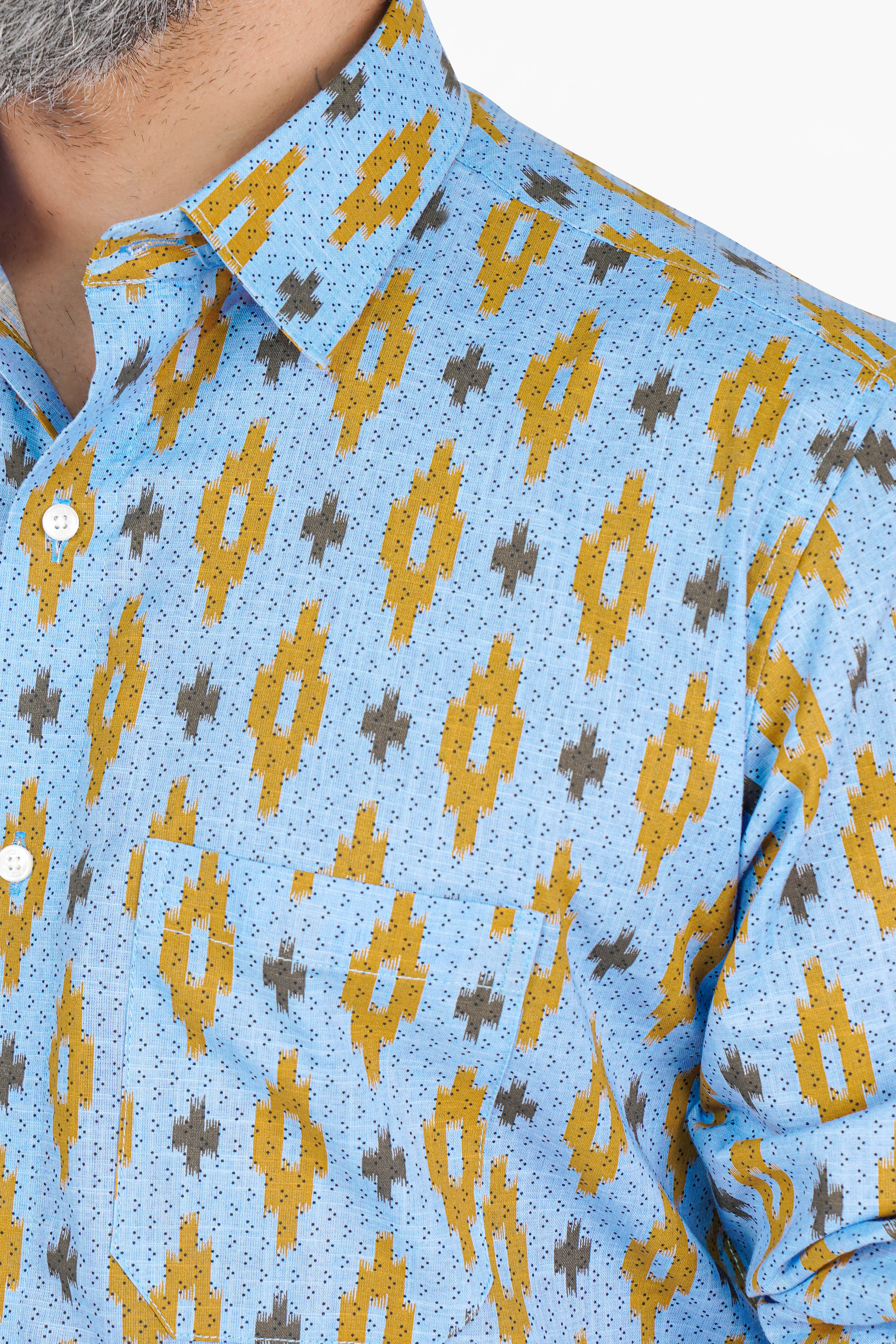 Tropical Blue and Copper Brown Ikat Printed Chambray Shirt