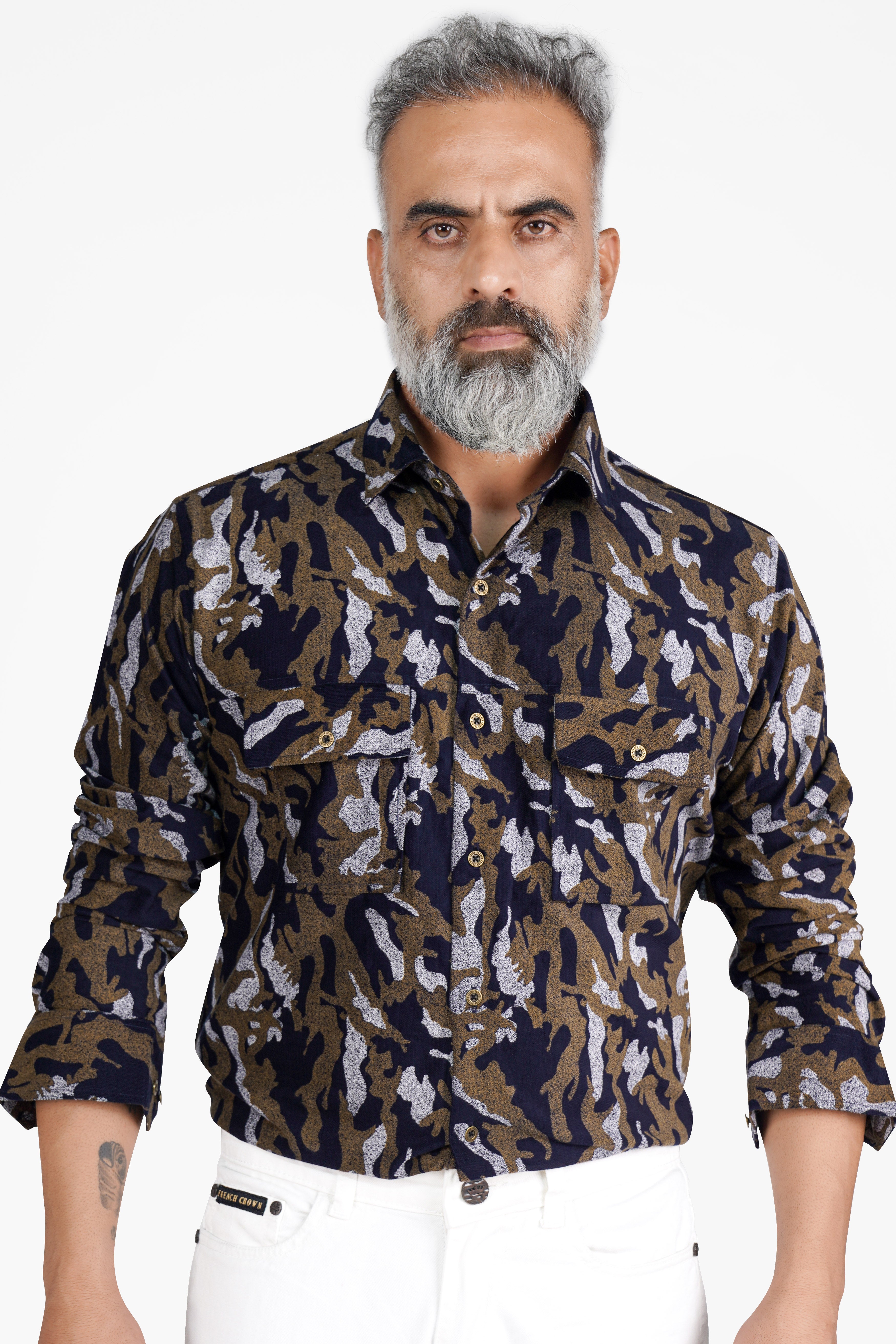 Medium Taupe Brown with Haiti Blue Printed Corduroy Overshirt