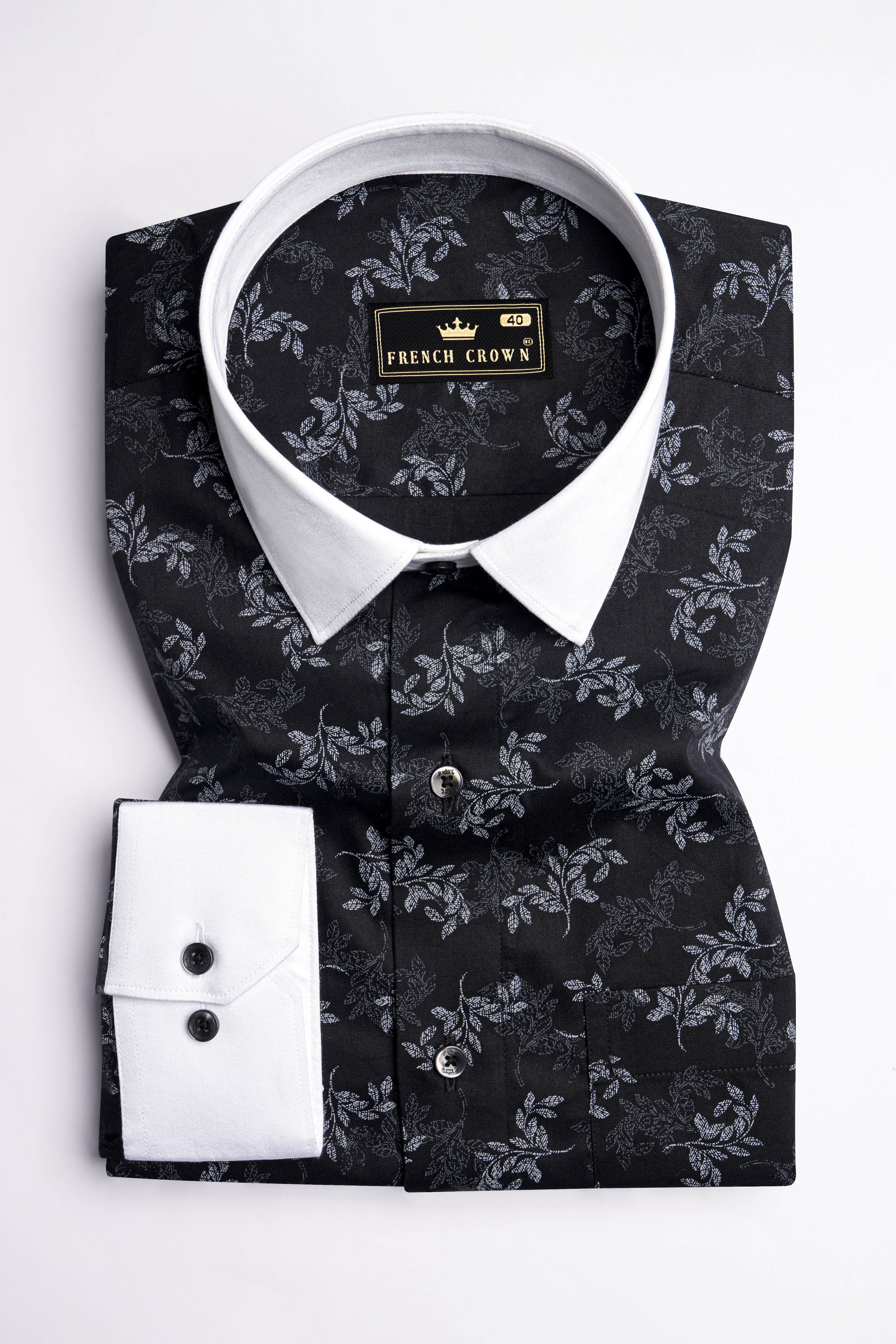 Jade Black with White Cuffs and Collar Leaves Printed Super Soft Premium Cotton Shirt