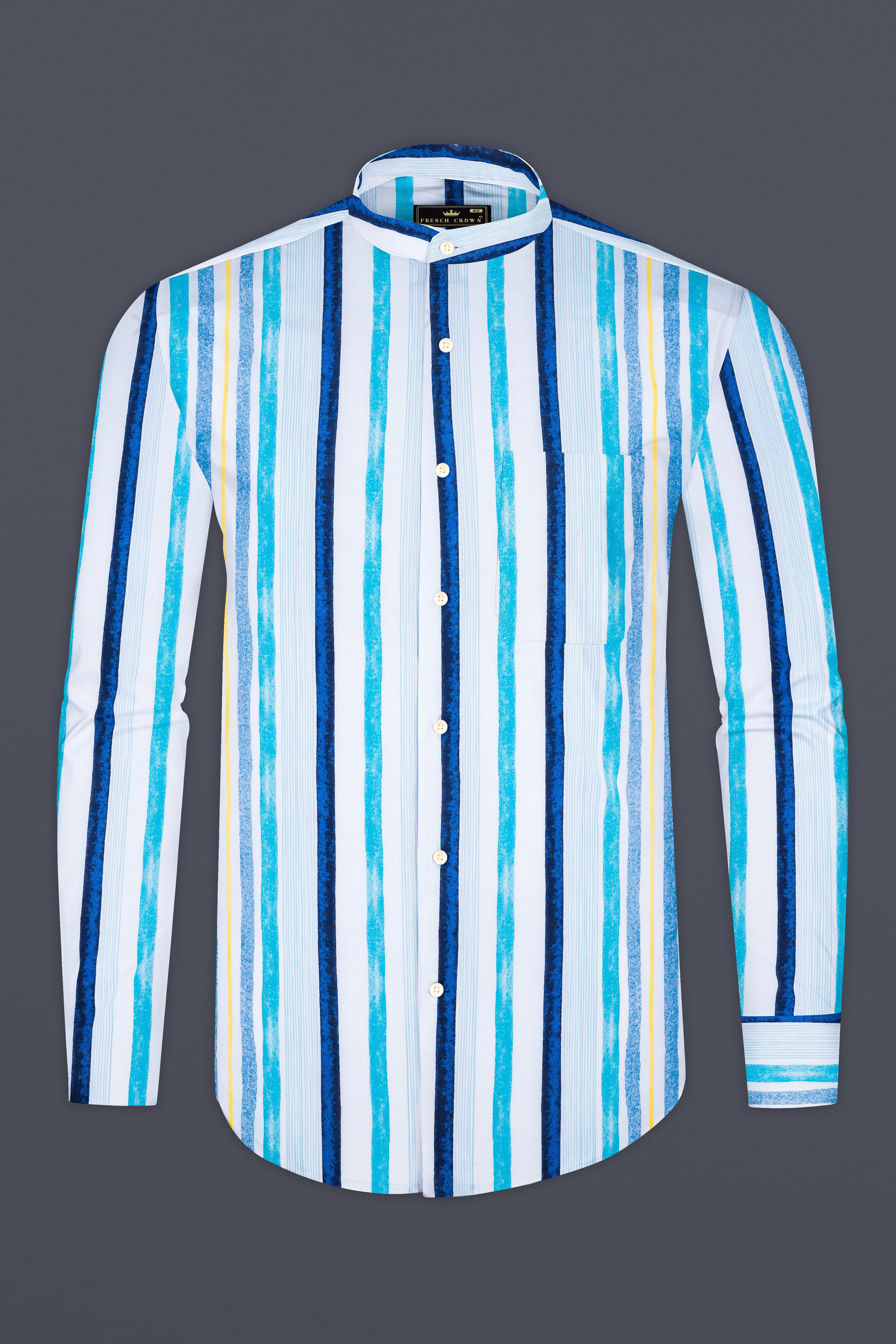 Bright White with Rhino Blue and Blizzard Blue Striped Premium Cotton Shirt