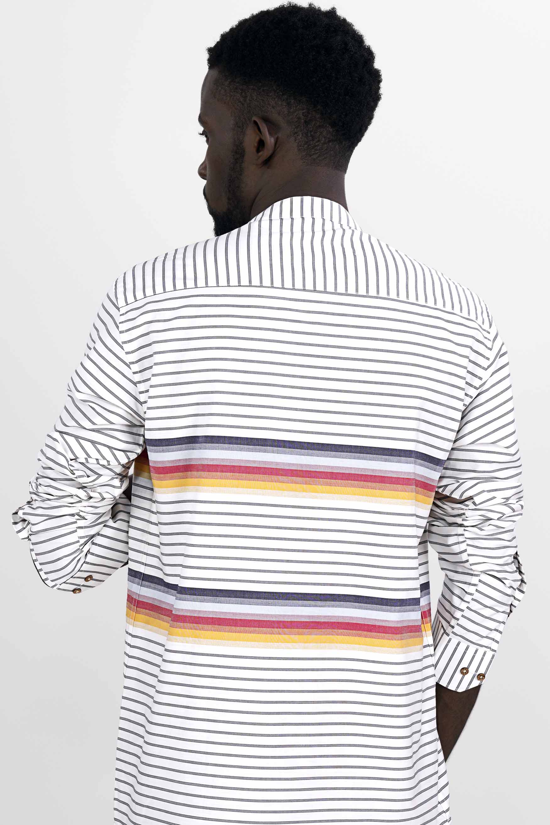 Bright White Multicolour Striped Premium Cotton Kurta Shirt