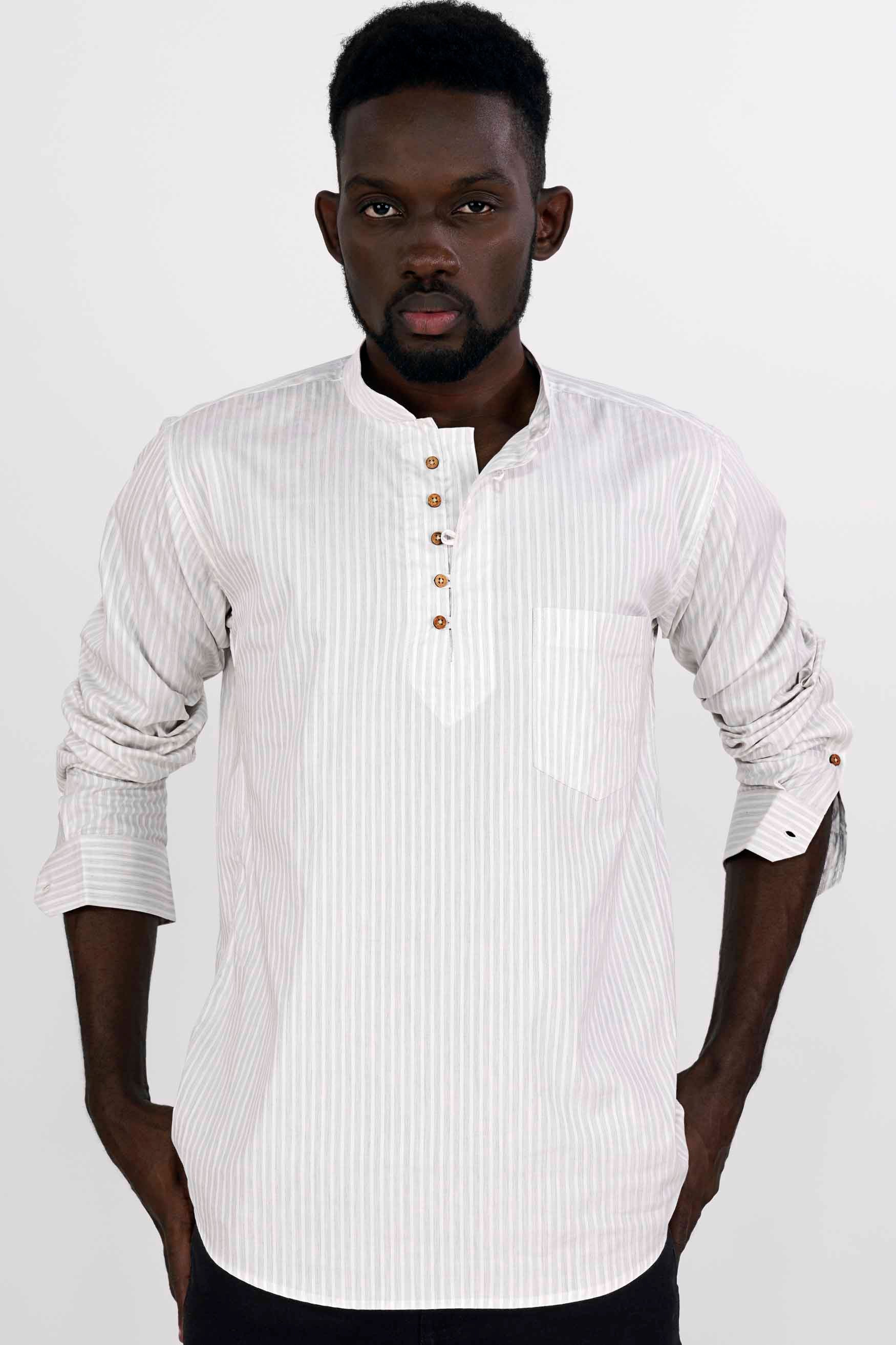 Bright White Striped Dobby Textured Premium Giza Cotton Kurta Shirt