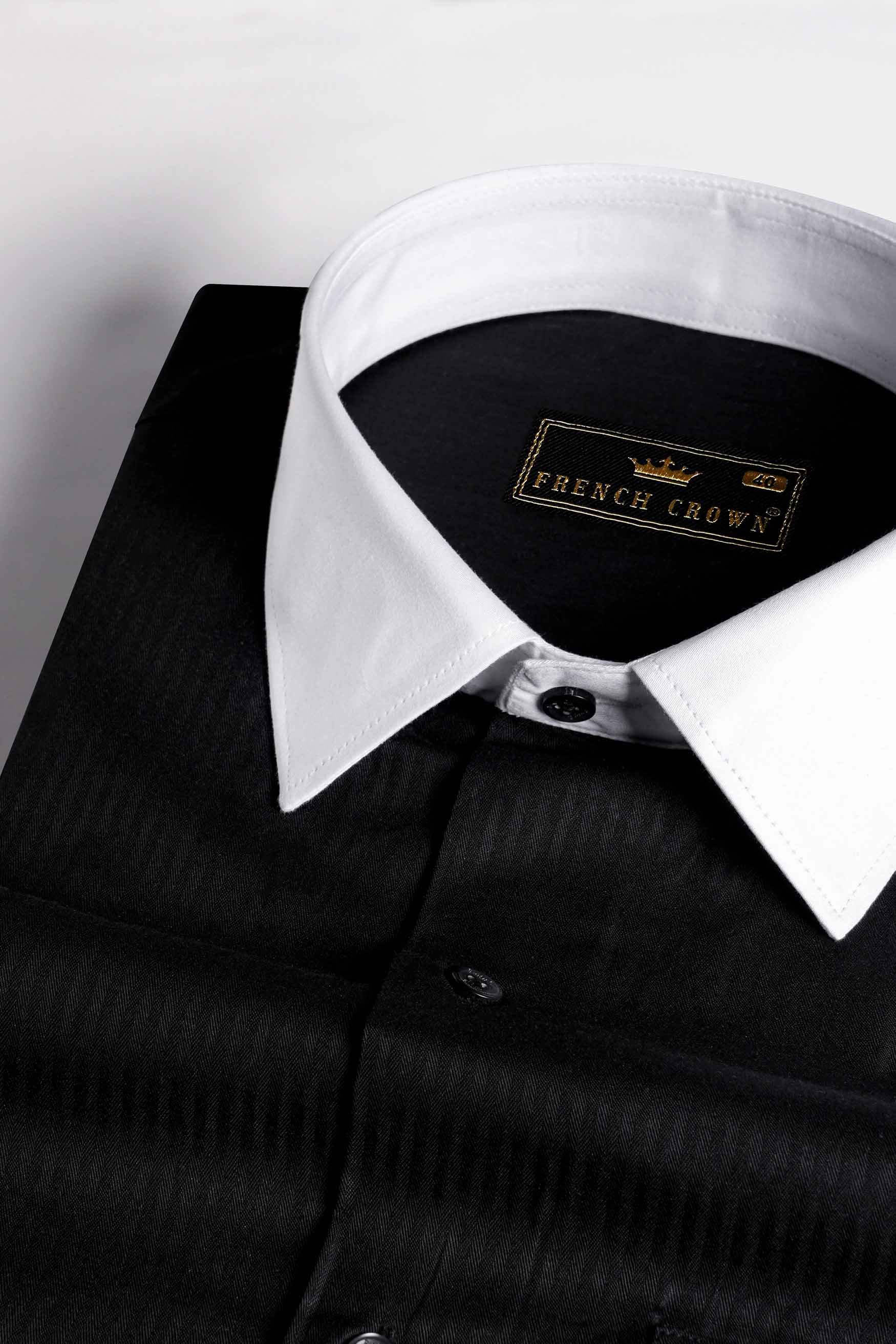 Jade Black Striped Dobby Textured with White Cuffs and Collar Premium Giza Cotton Shirt
