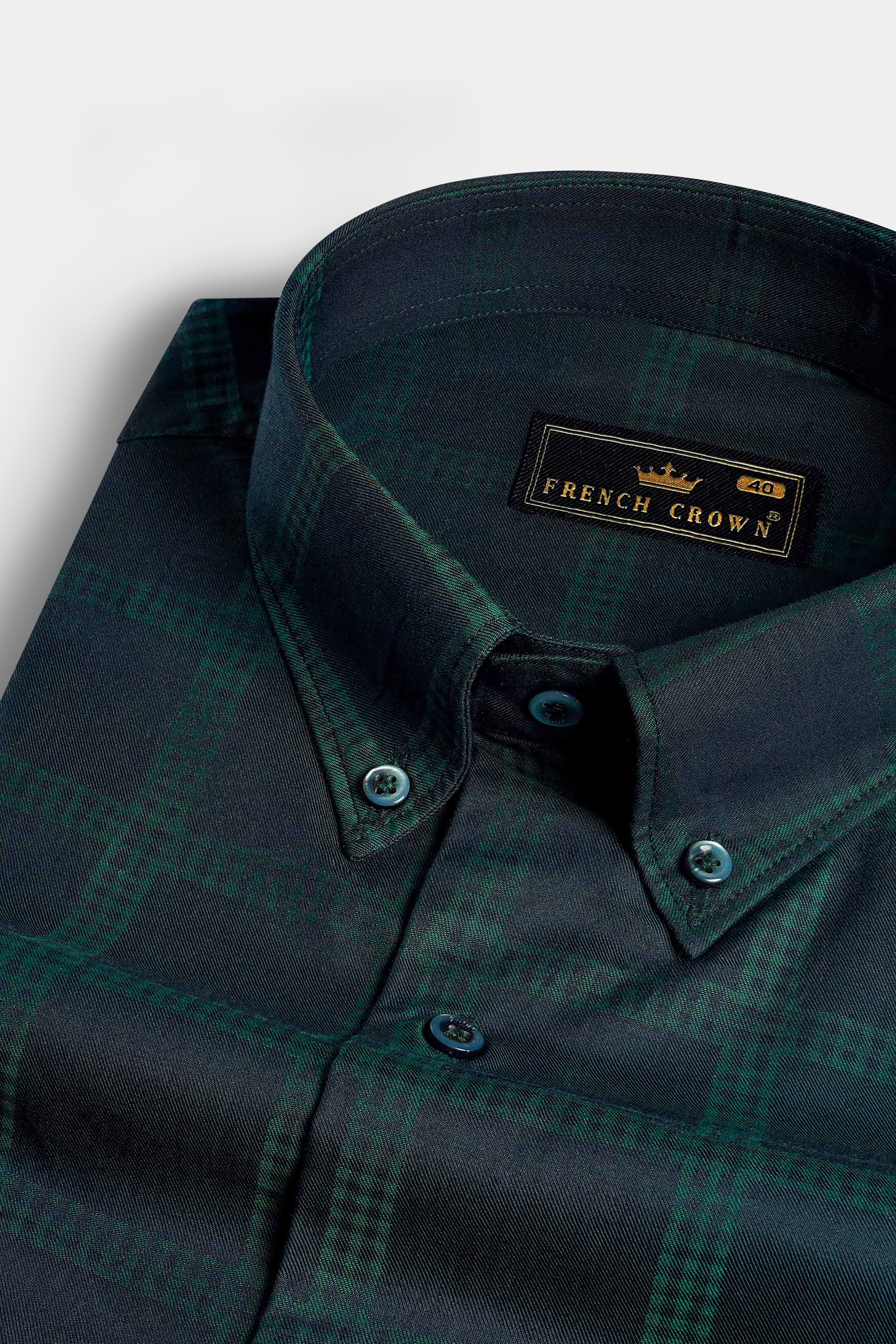 Gunmetal Blue and Plantation Green Checkered Jacquard Textured Premium Giza Cotton Shirt