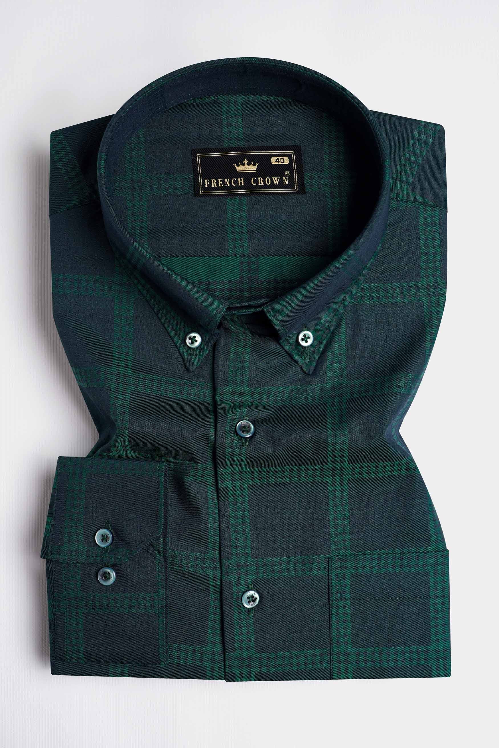 Gunmetal Blue and Plantation Green Checkered Jacquard Textured Premium Giza Cotton Shirt