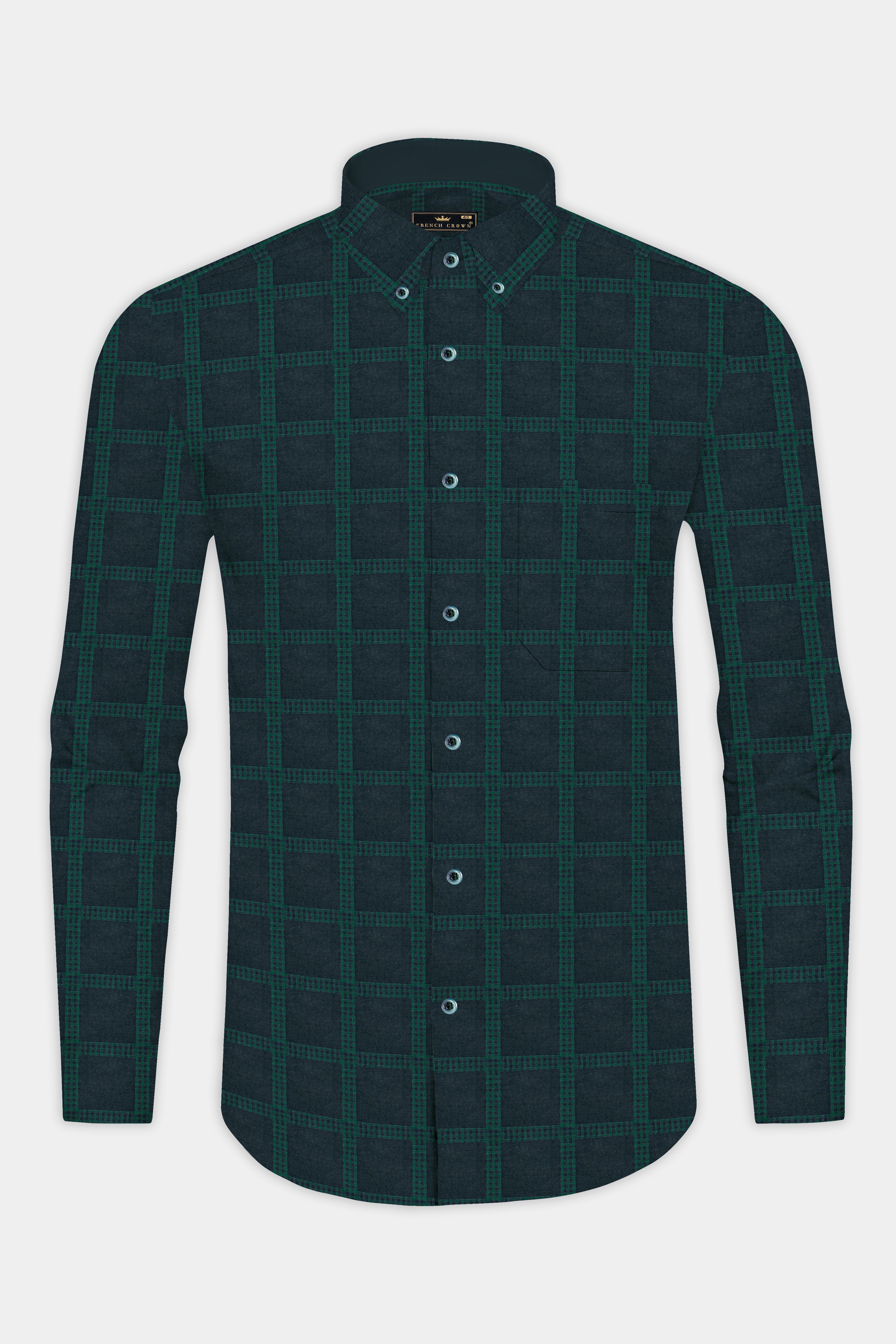 Gunmetal Blue and Plantation Green Checkered Jacquard Textured Premium Giza Cotton Shirt