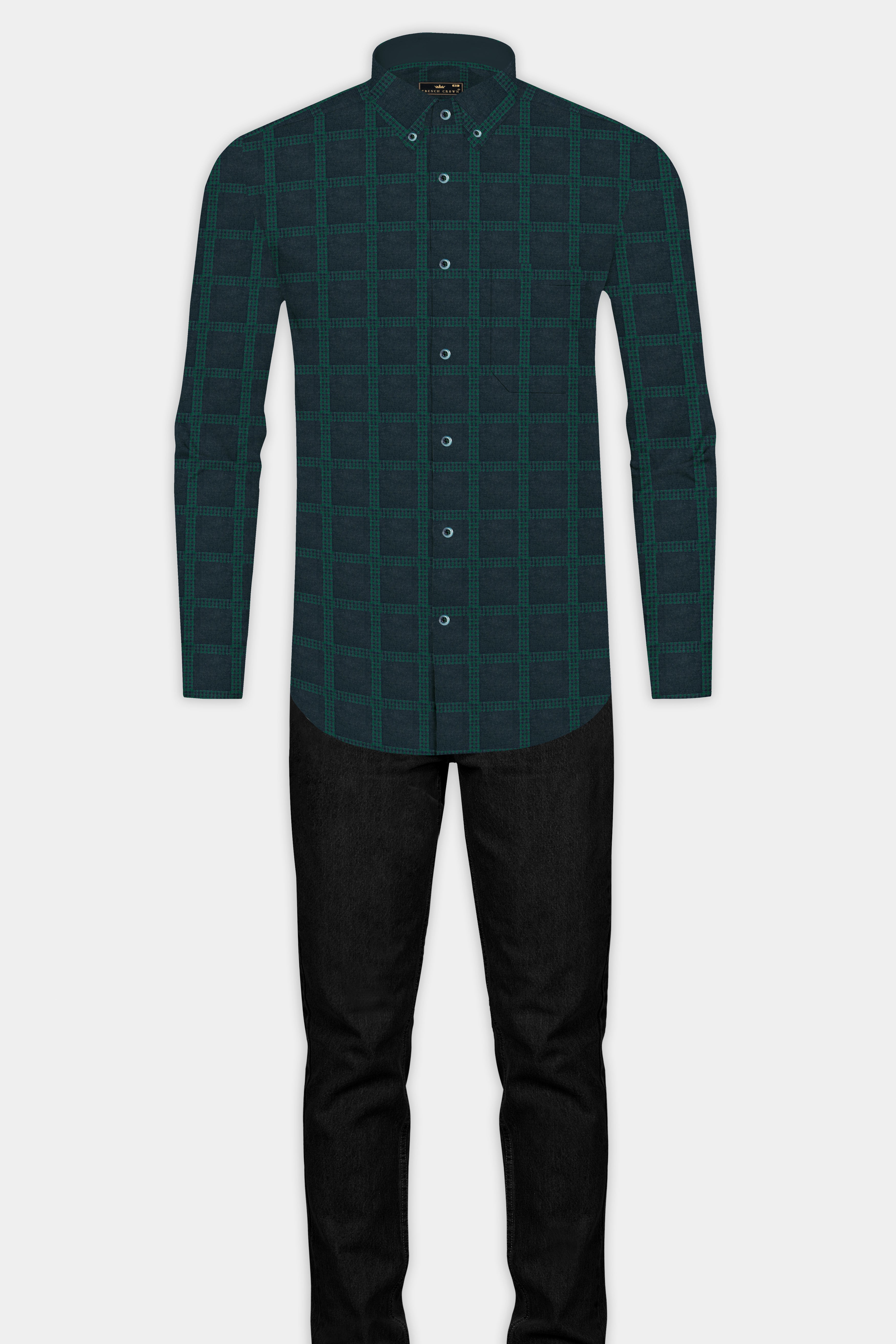 Gunmetal Blue and Plantation Green Checkered Jacquard Textured Premium Giza Cotton Shirt