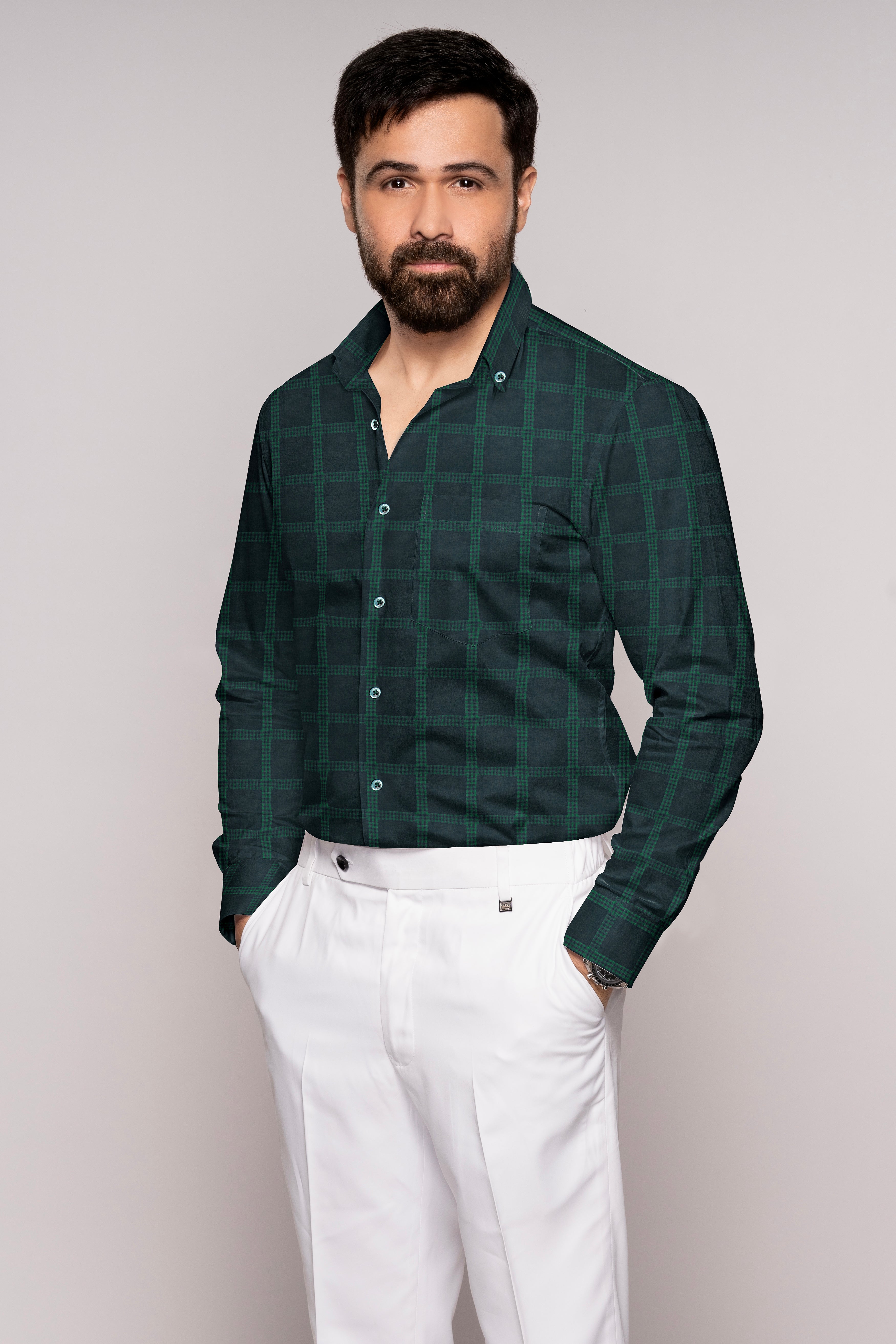 Gunmetal Blue and Plantation Green Checkered Jacquard Textured Premium Giza Cotton Shirt
