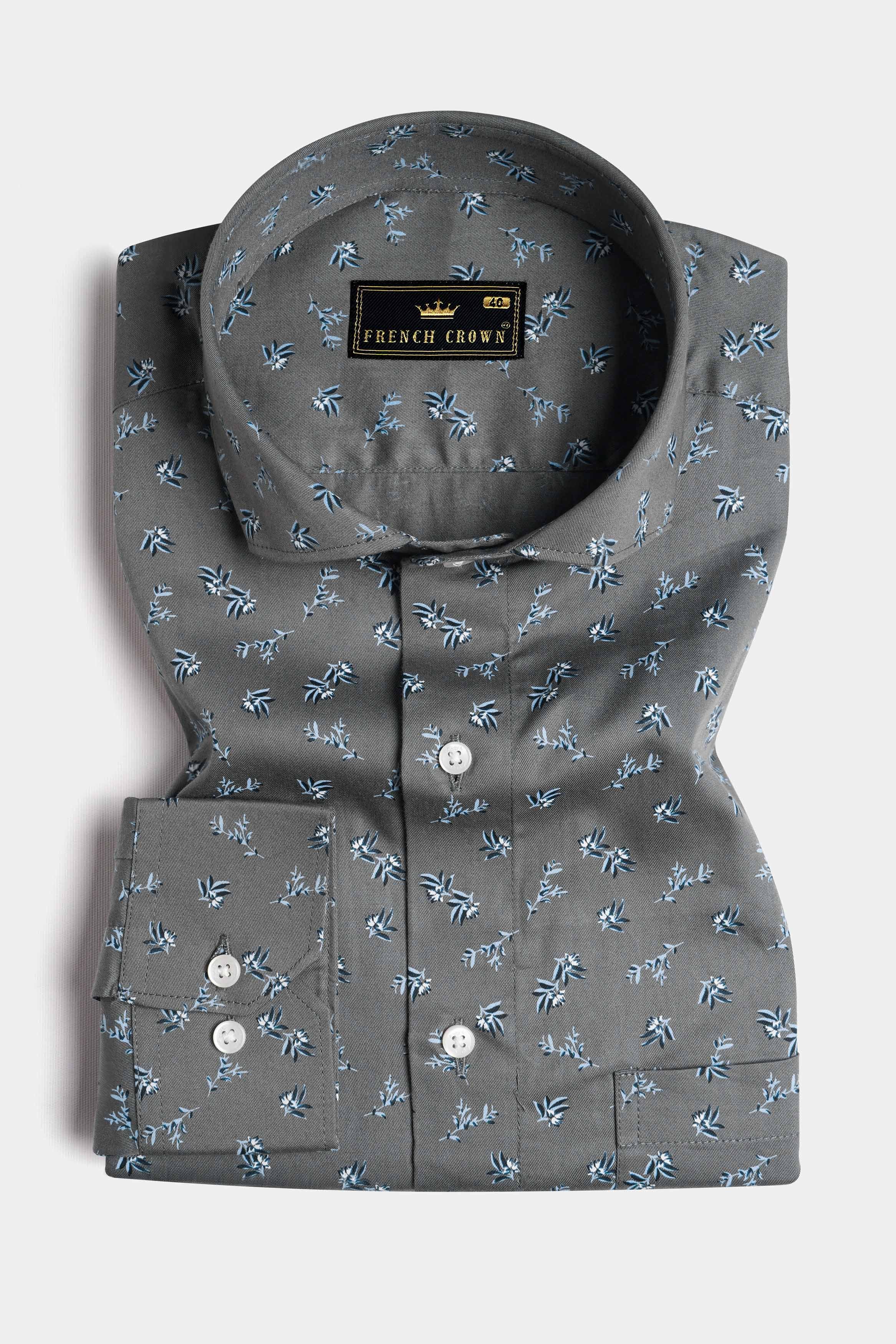 Gunsmoke Gray Leaves Printed Twill Premium Cotton Shirt