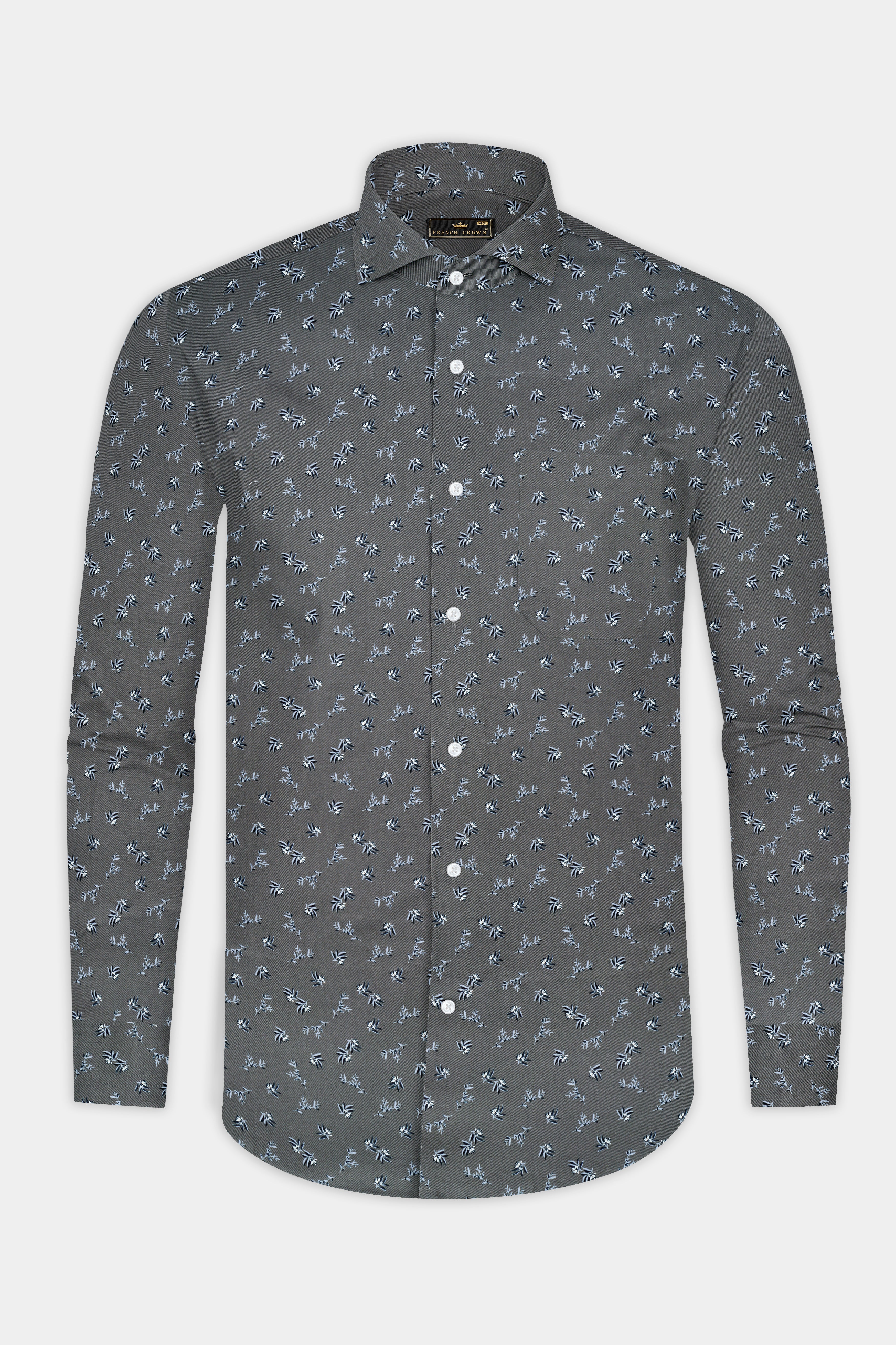 Gunsmoke Gray Leaves Printed Twill Premium Cotton Shirt