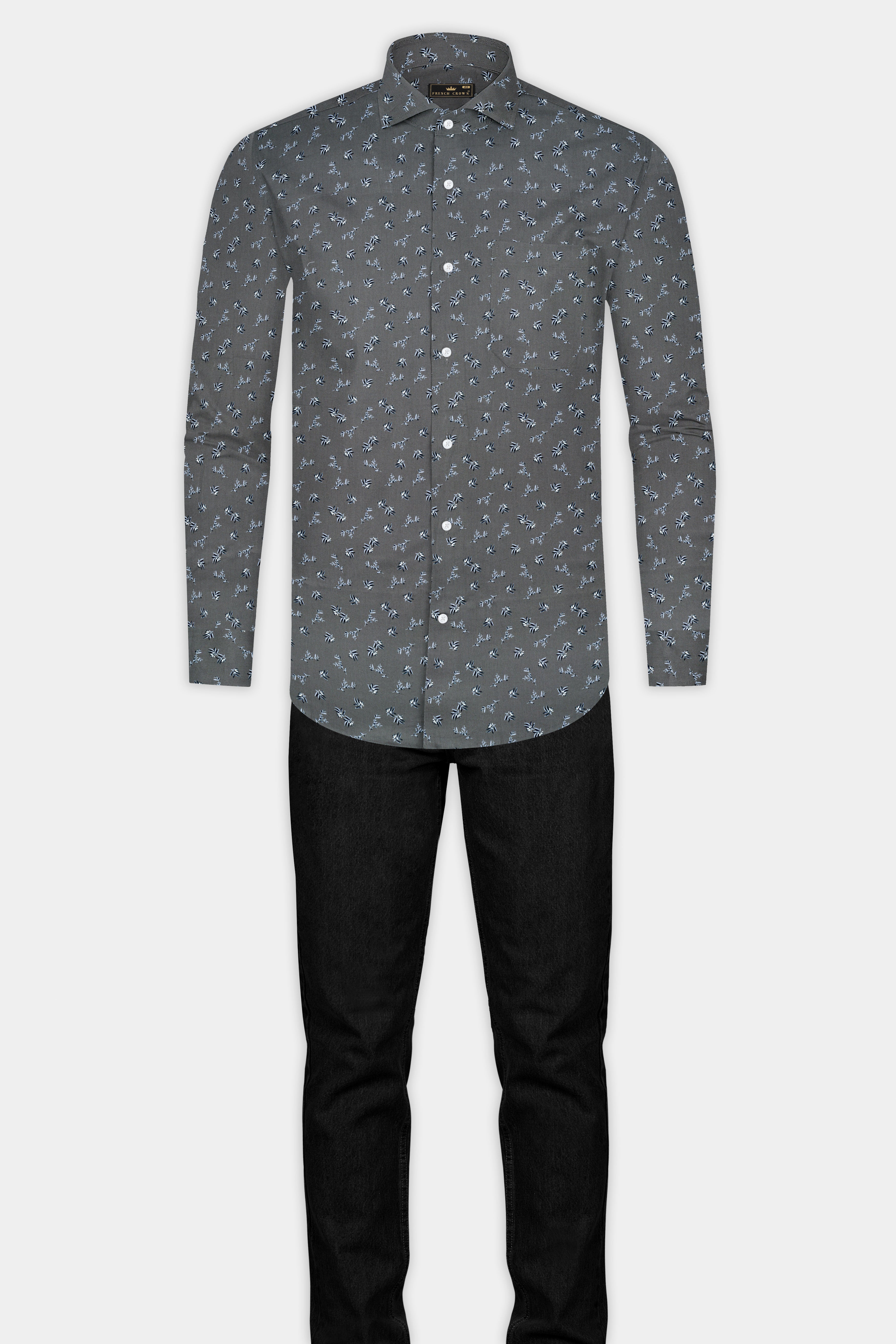 Gunsmoke Gray Leaves Printed Twill Premium Cotton Shirt