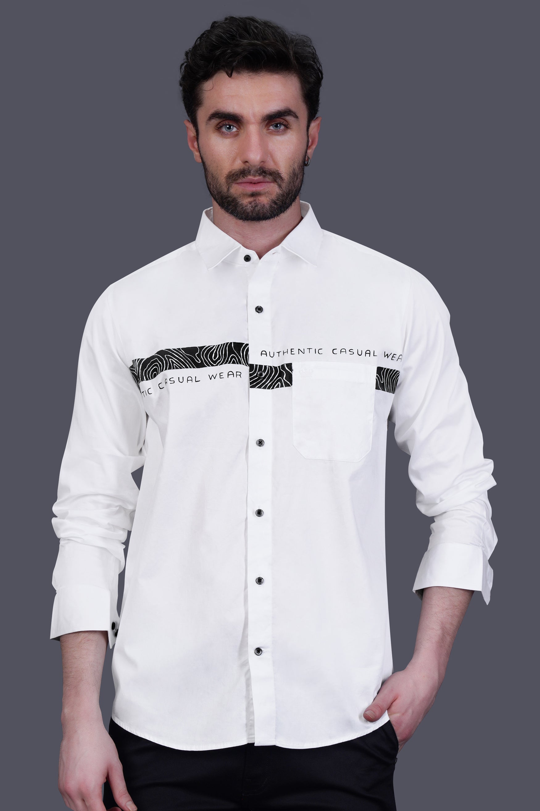 Bright White Hand Painted Casual Plain Solid Premium Cotton Shirt