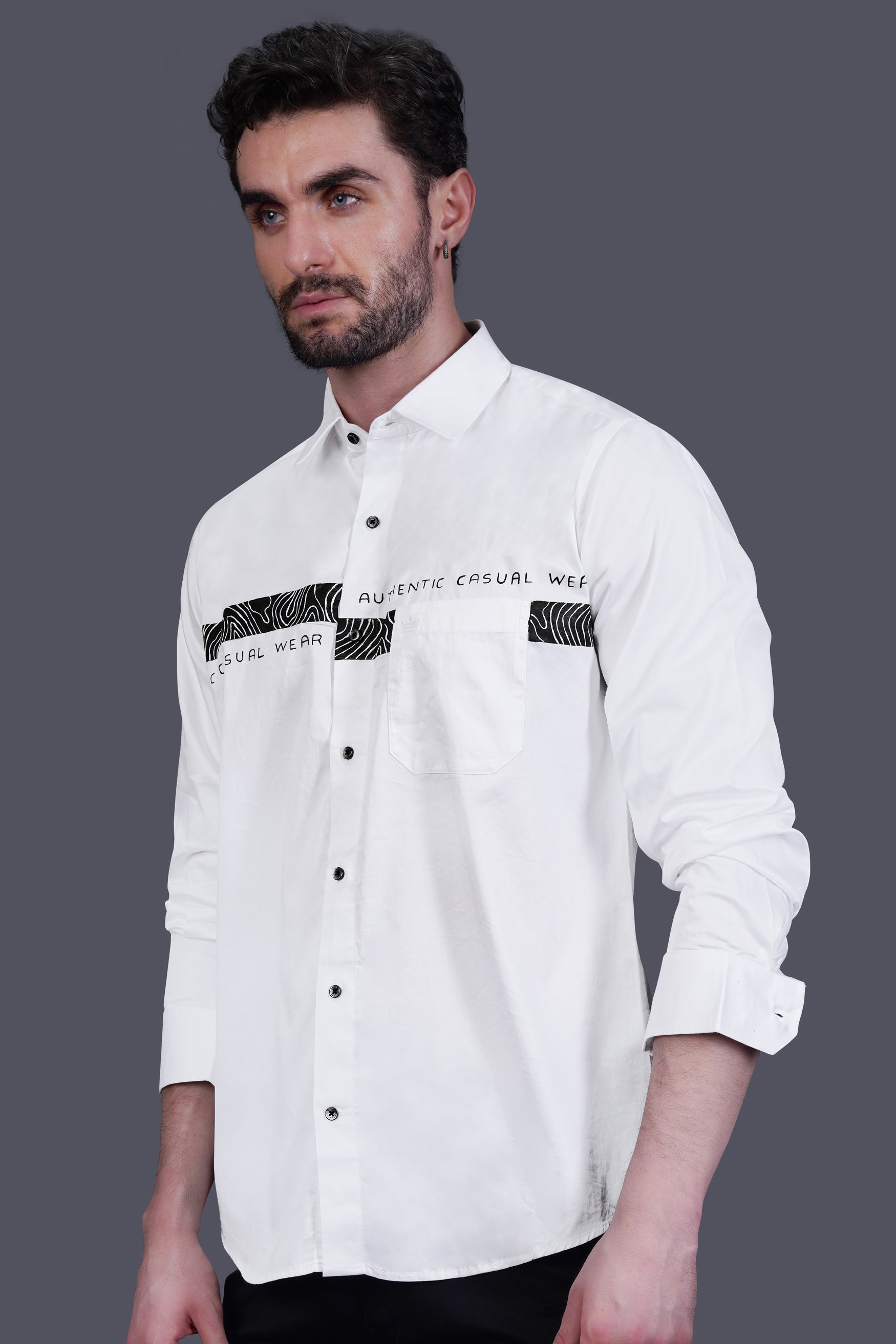 Bright White Hand Painted Casual Plain Solid Premium Cotton Shirt