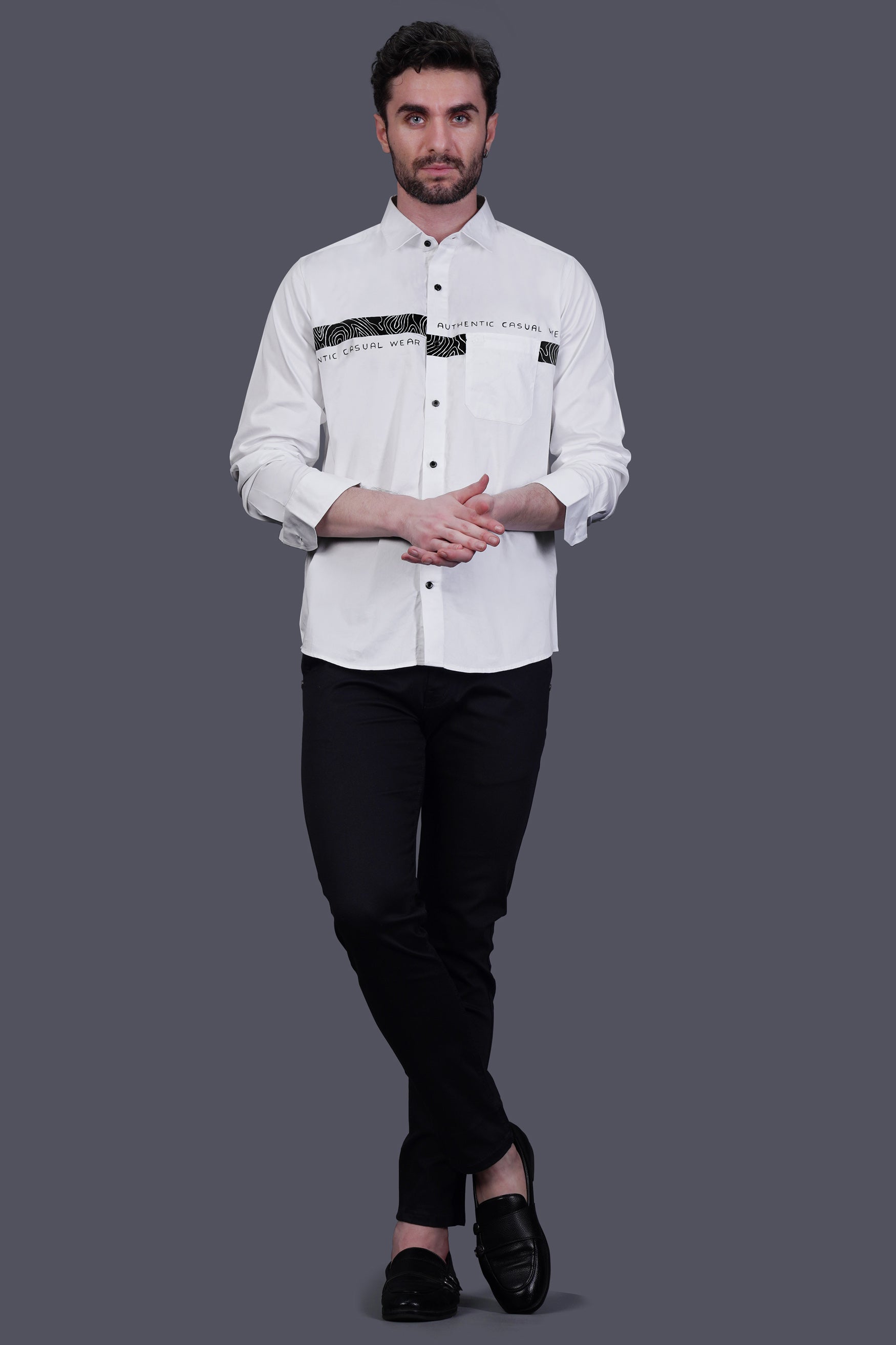 Bright White Hand Painted Casual Plain Solid Premium Cotton Shirt