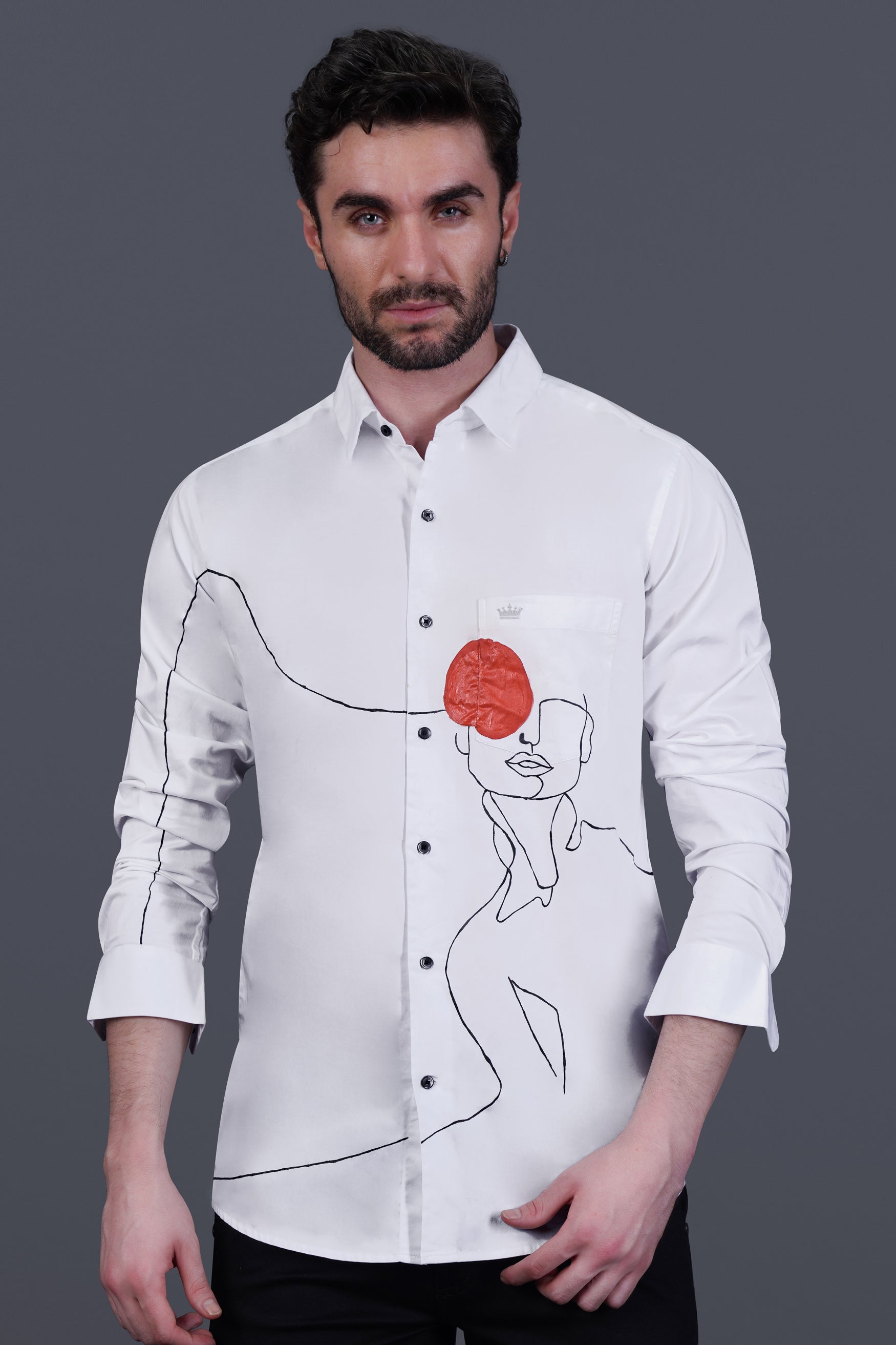 Bright White Line Art Hand Painted Subtle Sheen Super Soft Premium Cotton Designer Shirt
