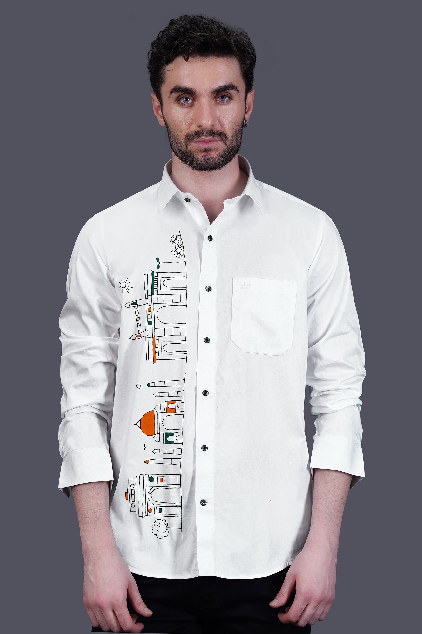 Bright White Indian Historical Monuments Hand Painted Subtle Sheen Super Soft Premium Cotton Designer Shirt