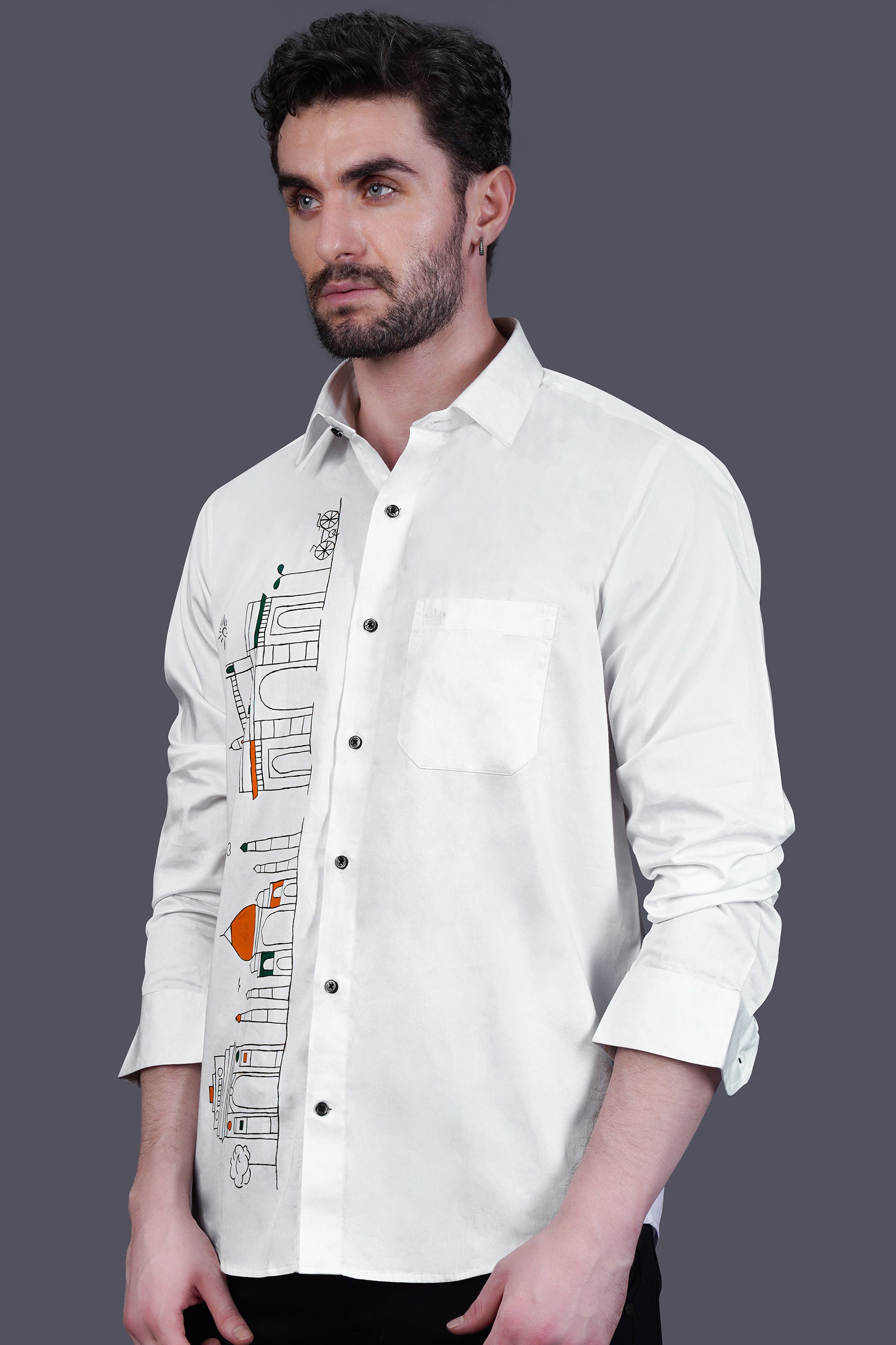 Bright White Indian Historical Monuments Hand Painted Subtle Sheen Super Soft Premium Cotton Designer Shirt