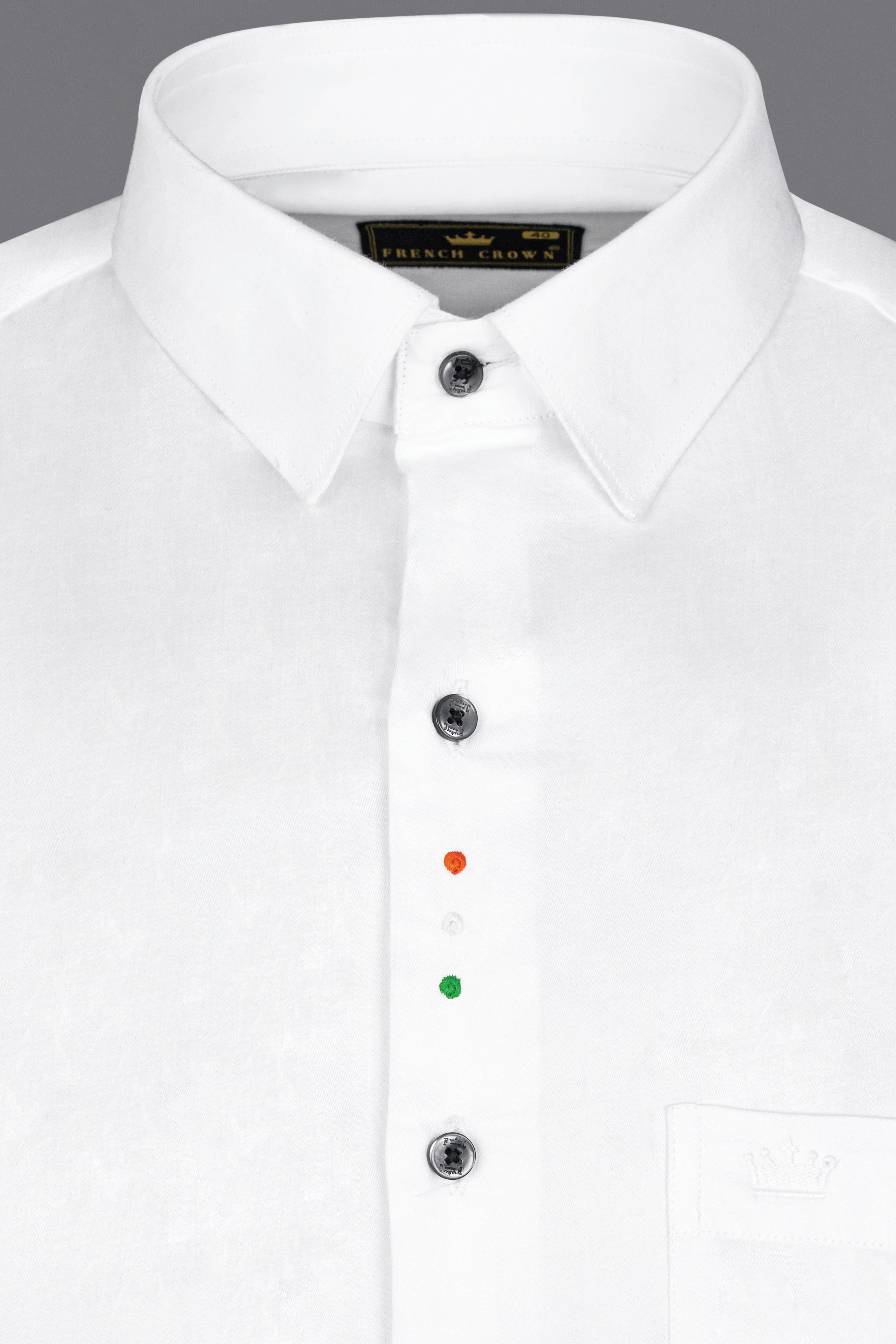 Bright White Subtle Sheen Tricolour Embroidered Under Second Button Super Soft Premium Cotton Shirt