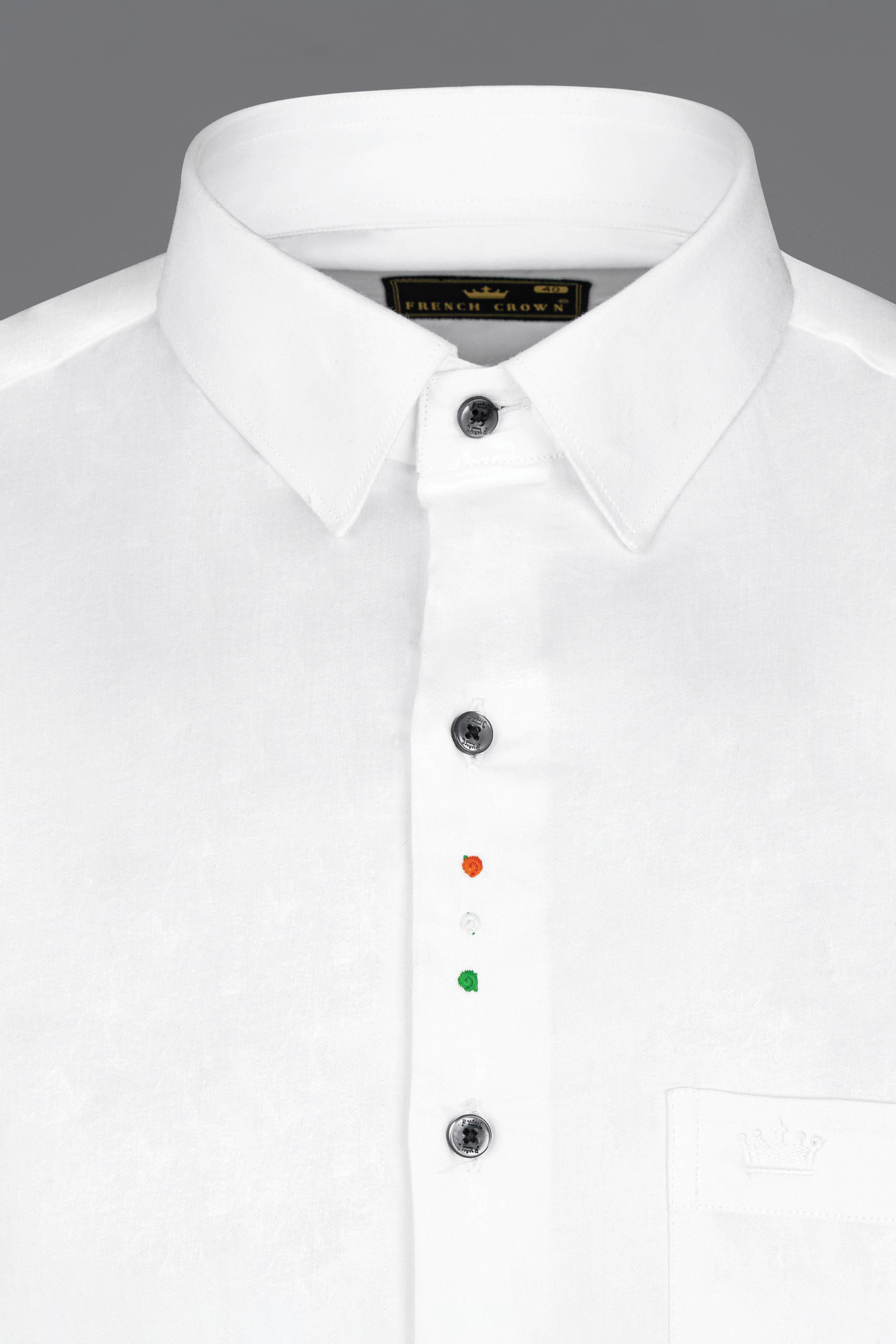 Bright White Subtle Sheen Tricolour Embroidered Under Second Button Super Soft Premium Cotton Shirt