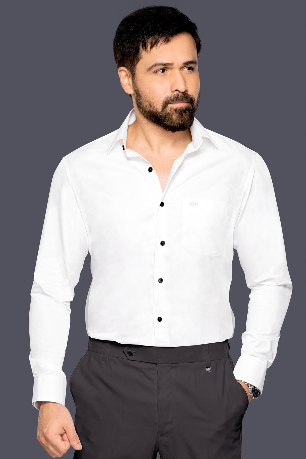 BRIGHT WHITE SUBTLE SHEEN SUPER SOFT BLACK BUTTON PREMIUM COTTON SHIRT
