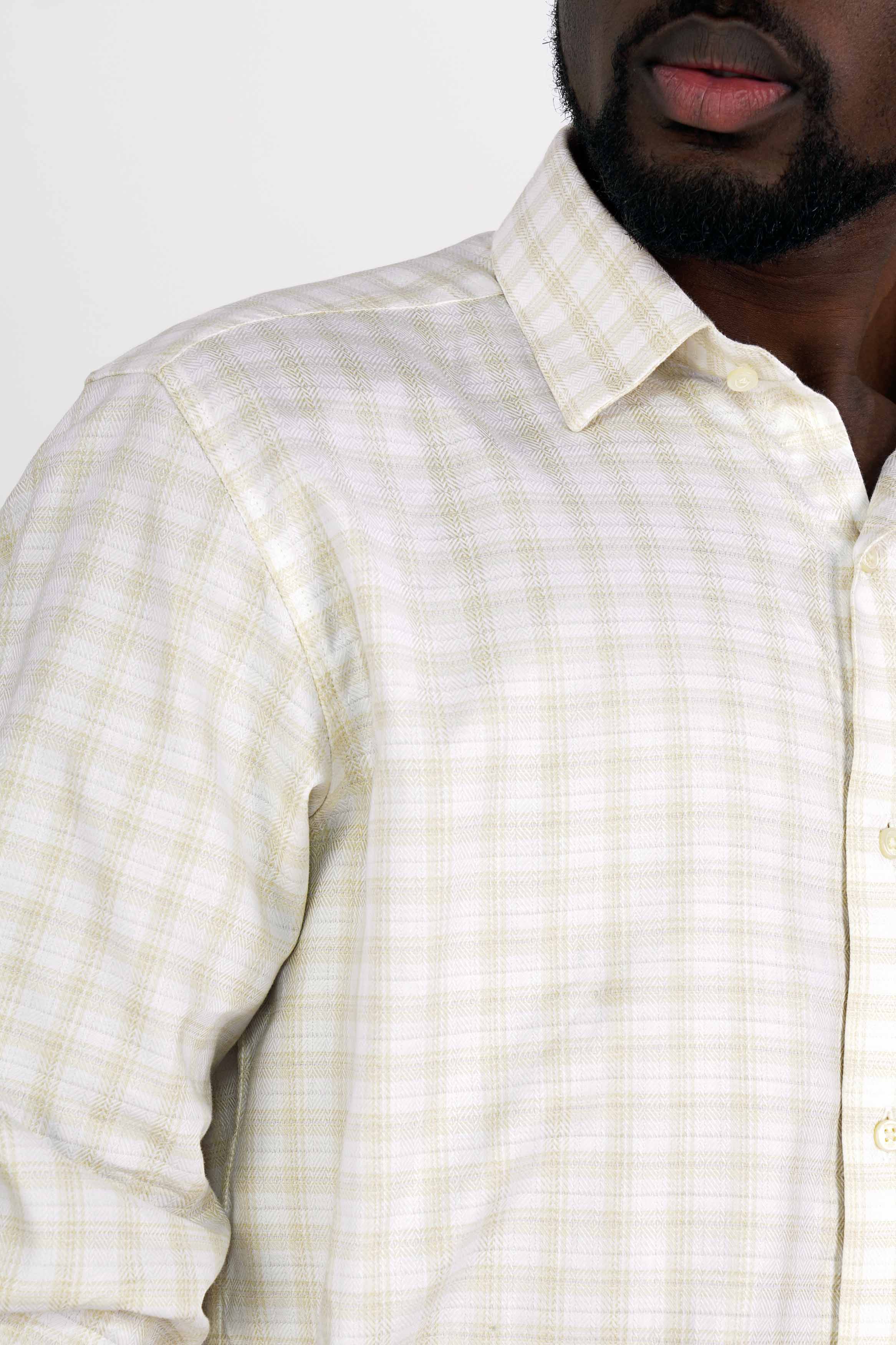 Bright White and Westar Brown Checkered Dobby Textured Premium Giza Cotton Shirt