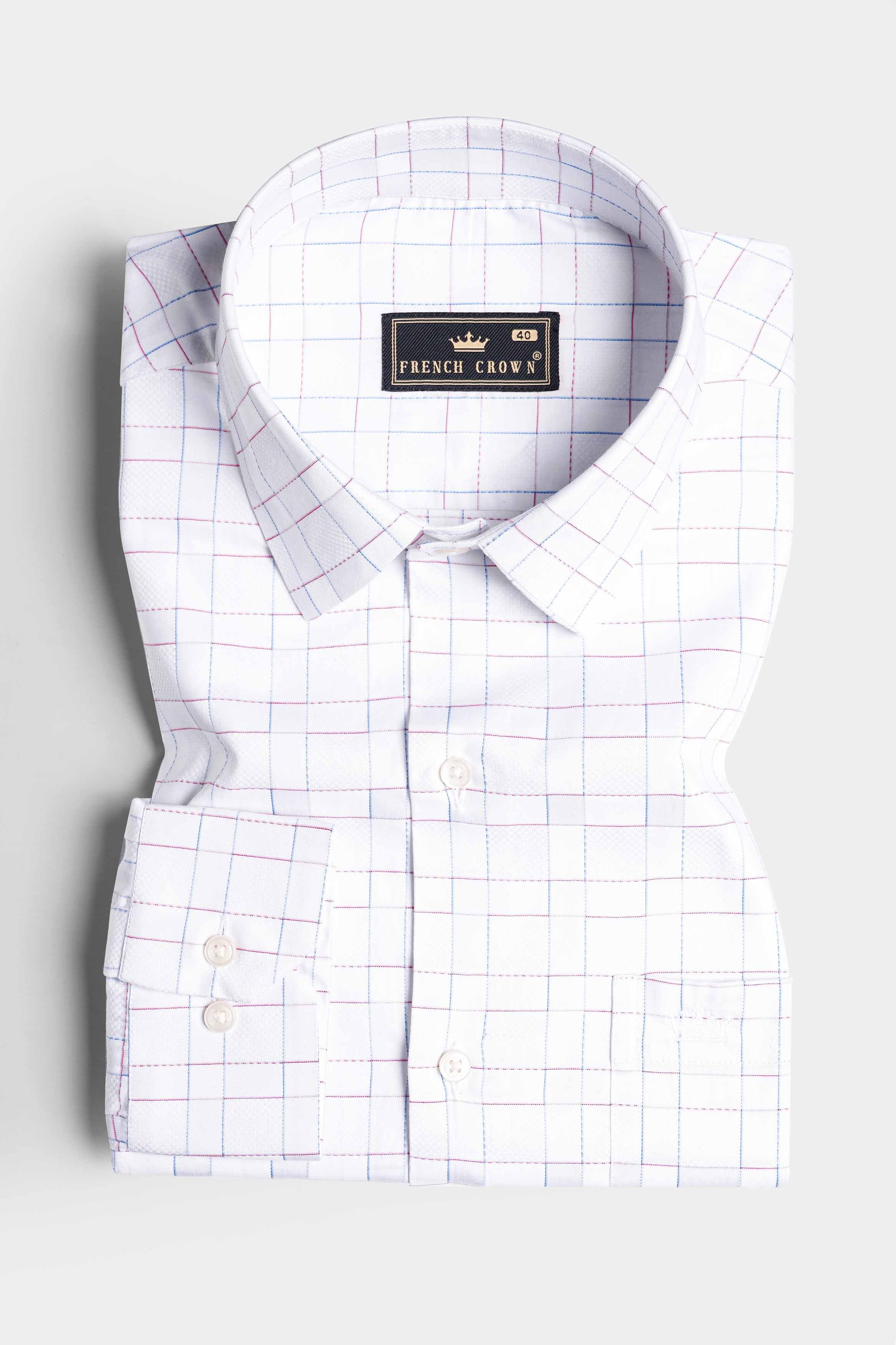 Bright White with Flint Pink and Tory Blue Checkered Dobby Textured Premium Giza Cotton Shirt
